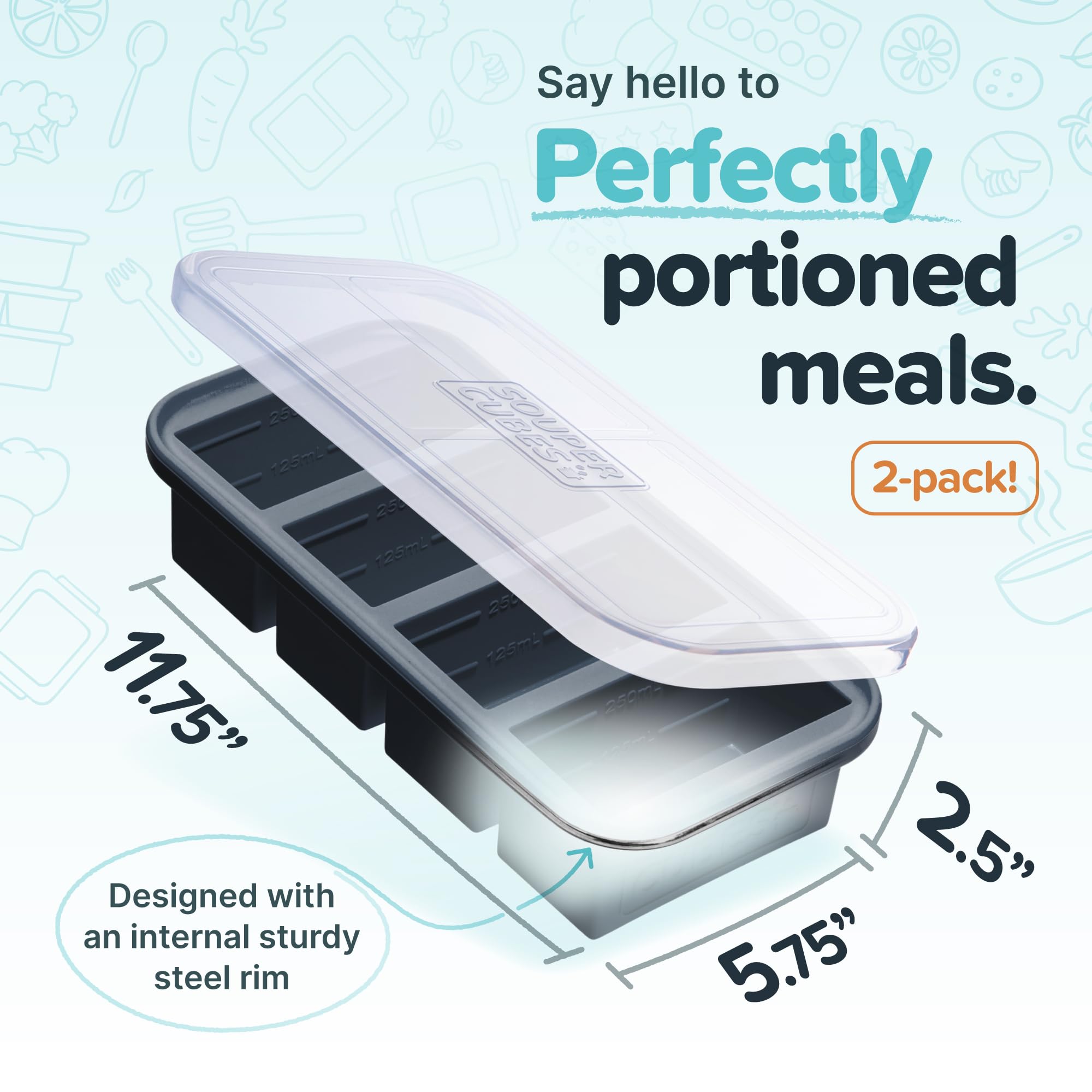 Souper Cubes 1 Cup Silicone Freezer Tray With Lid - Easy Meal Prep Container and Kitchen Storage Solution - Silicone Molds for Soup and Food Storage - Charcoal - 2-Pack