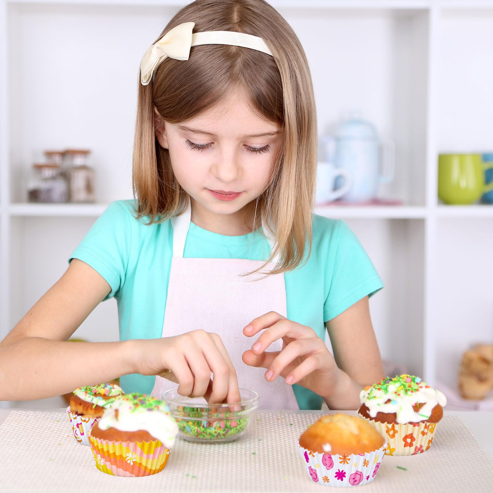 Whaline 600Pcs Boho Cupcake Liners Retro Groovy Party Cupcake Wrappers Rainbow Daisy Flower Paper Baking Cups Baking Liners For