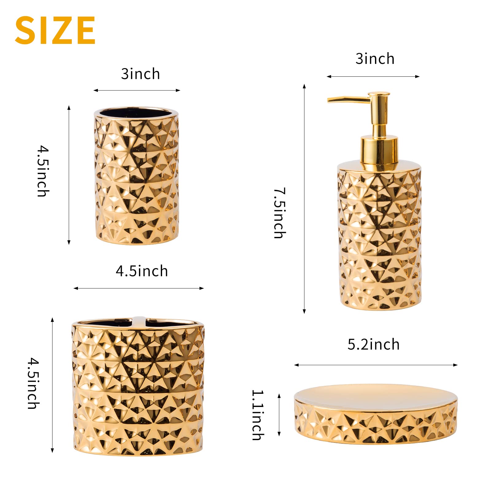 Rxlvcky Gold Bathroom Accessory Sets 4 Piece Ceramic Gift Set Apartment Necessities,Includes Soap Dispenser, Toothbrush Holder,