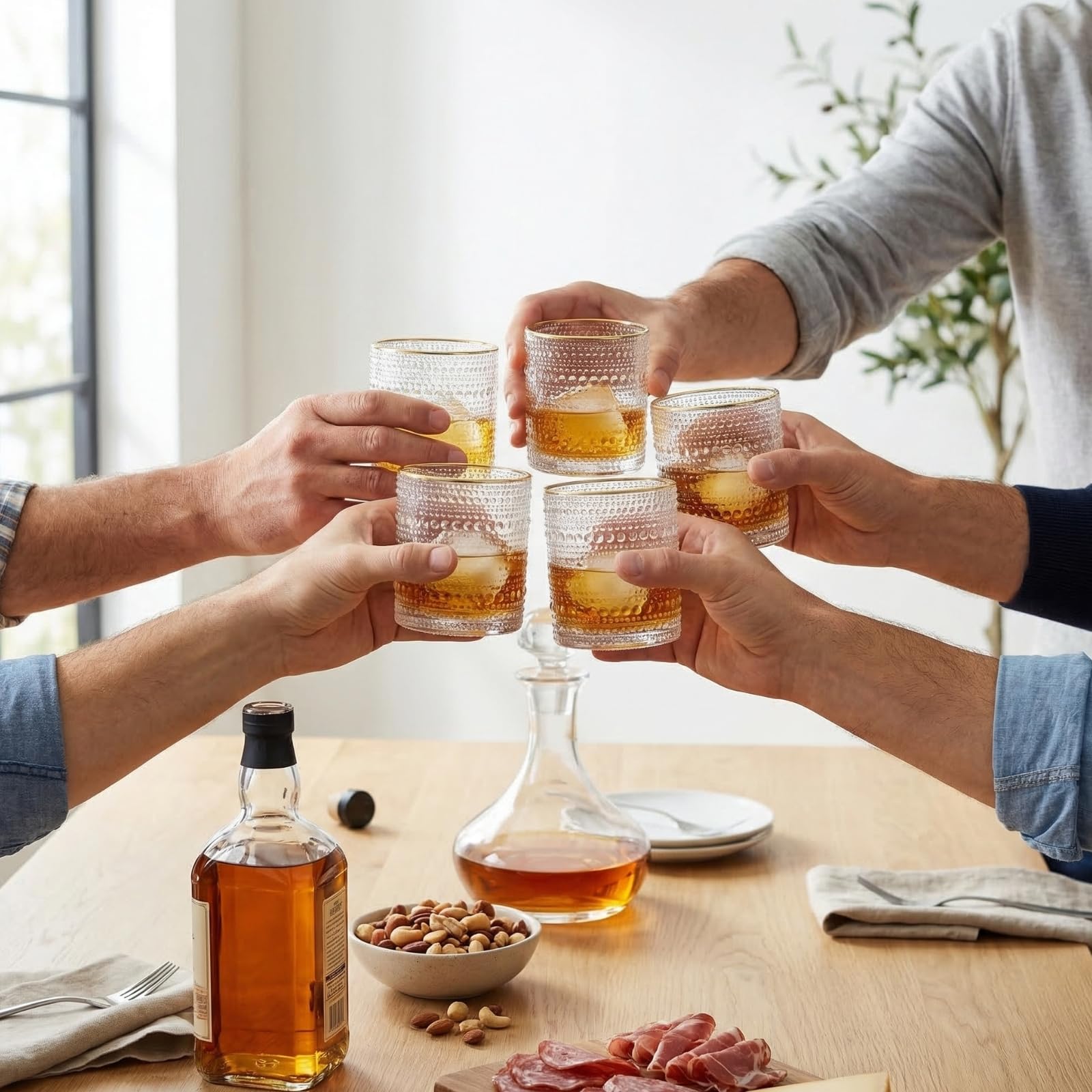 Clear Gold Rim Hobnail Glass Set, 6 Piece 10oz Transparent