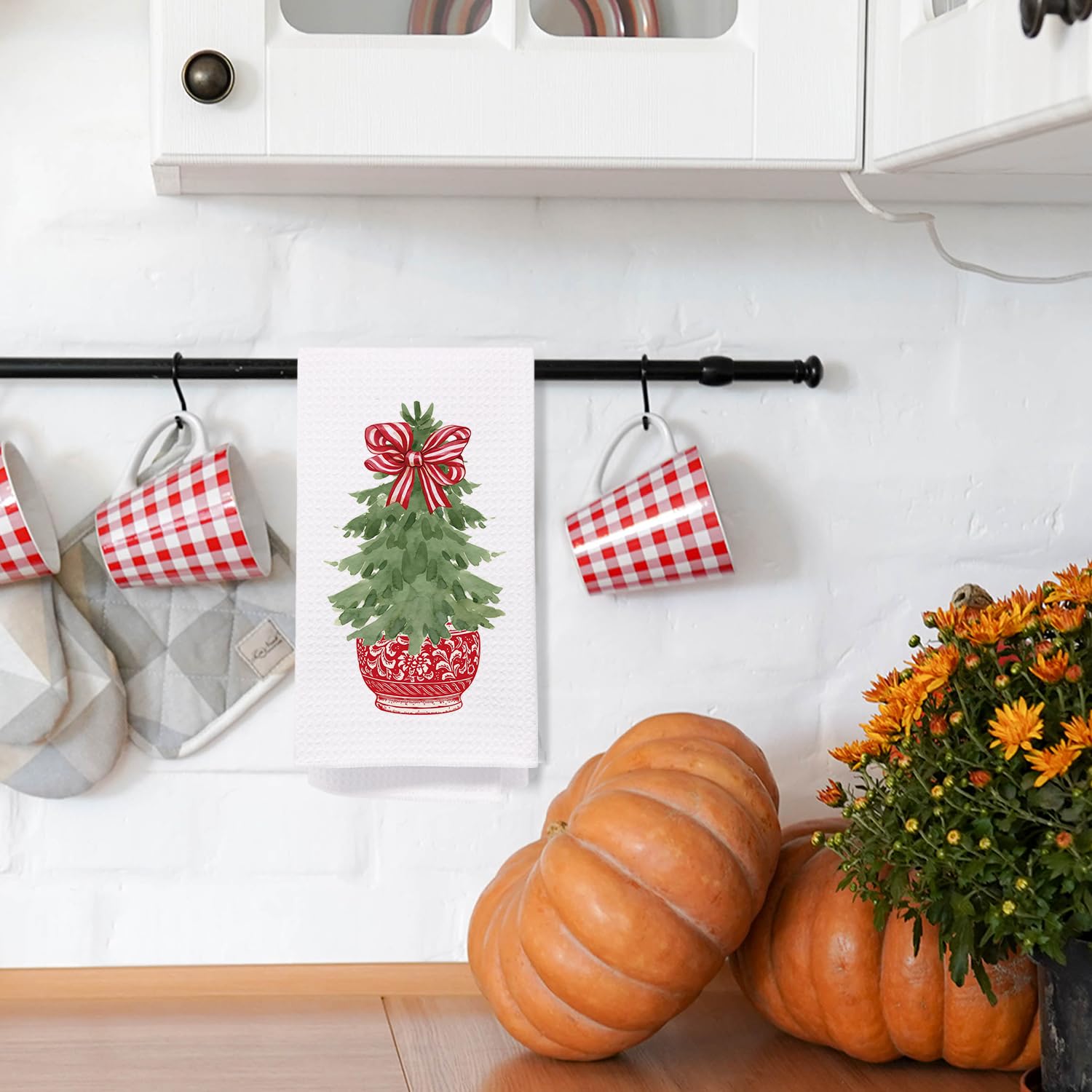 Chinoiserie Christmas Tree Kitchen Towels, Christmas Red Stripe Bow Decorative Hand Towels For Bathroom, Christmas Dish Towels F