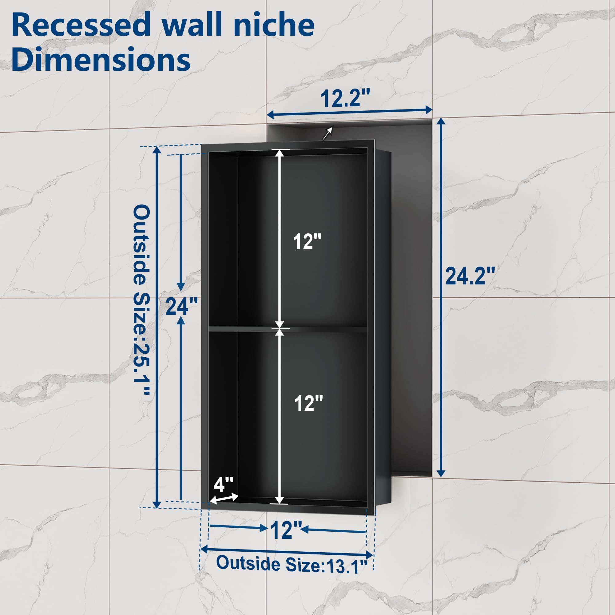 Neodrain No Tile Shower Niche, Stainless Steel Wall Niche 13.1''X25.1''(Inner Size 12''X24''), Two-Tier Bathroom Shelf, No Tile
