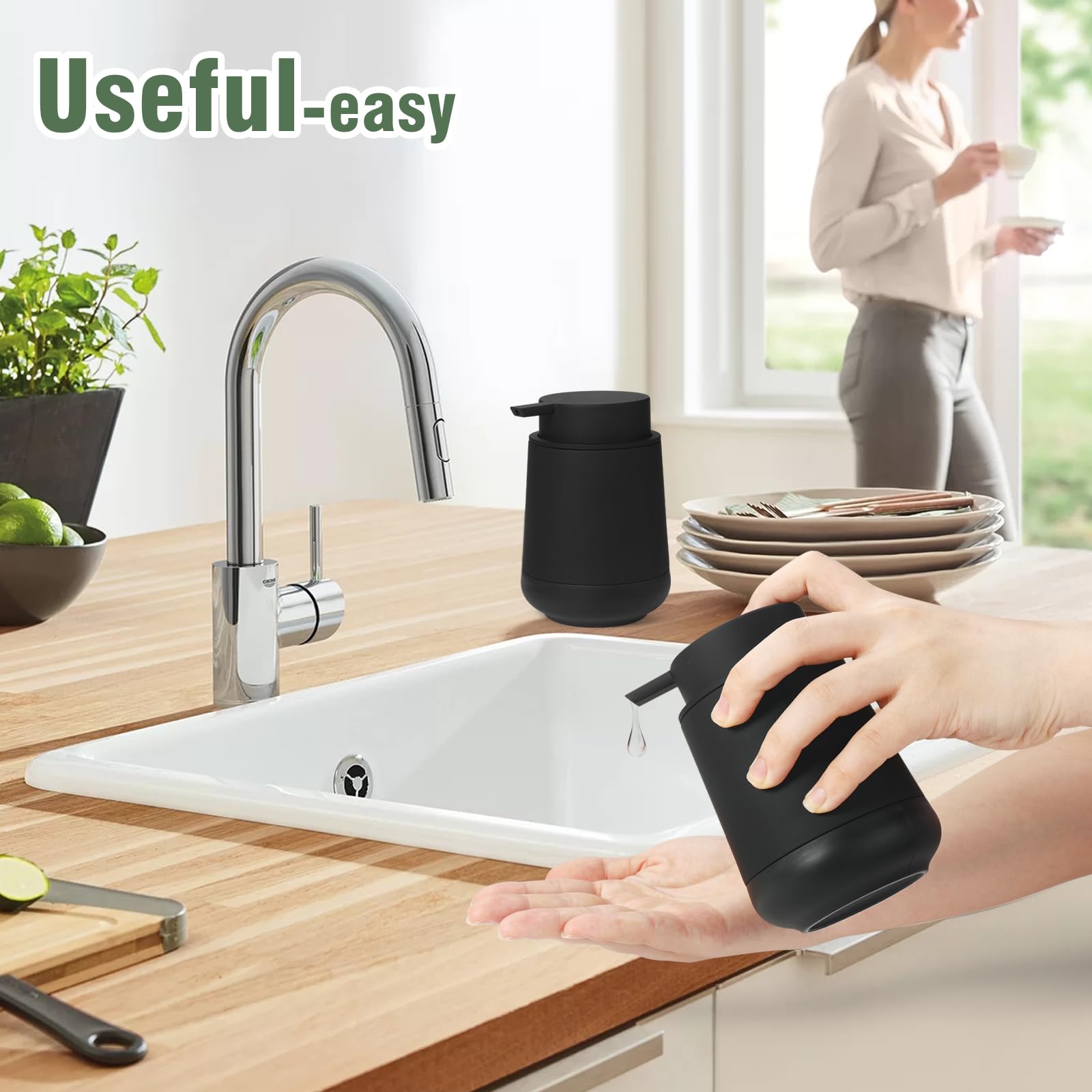 Dahacis Black Hand Soap Dispenser For Bathroom With Non-Slip Silicone Coaster, Refillable Liquid Dish Soap Dispenser For Kitchen