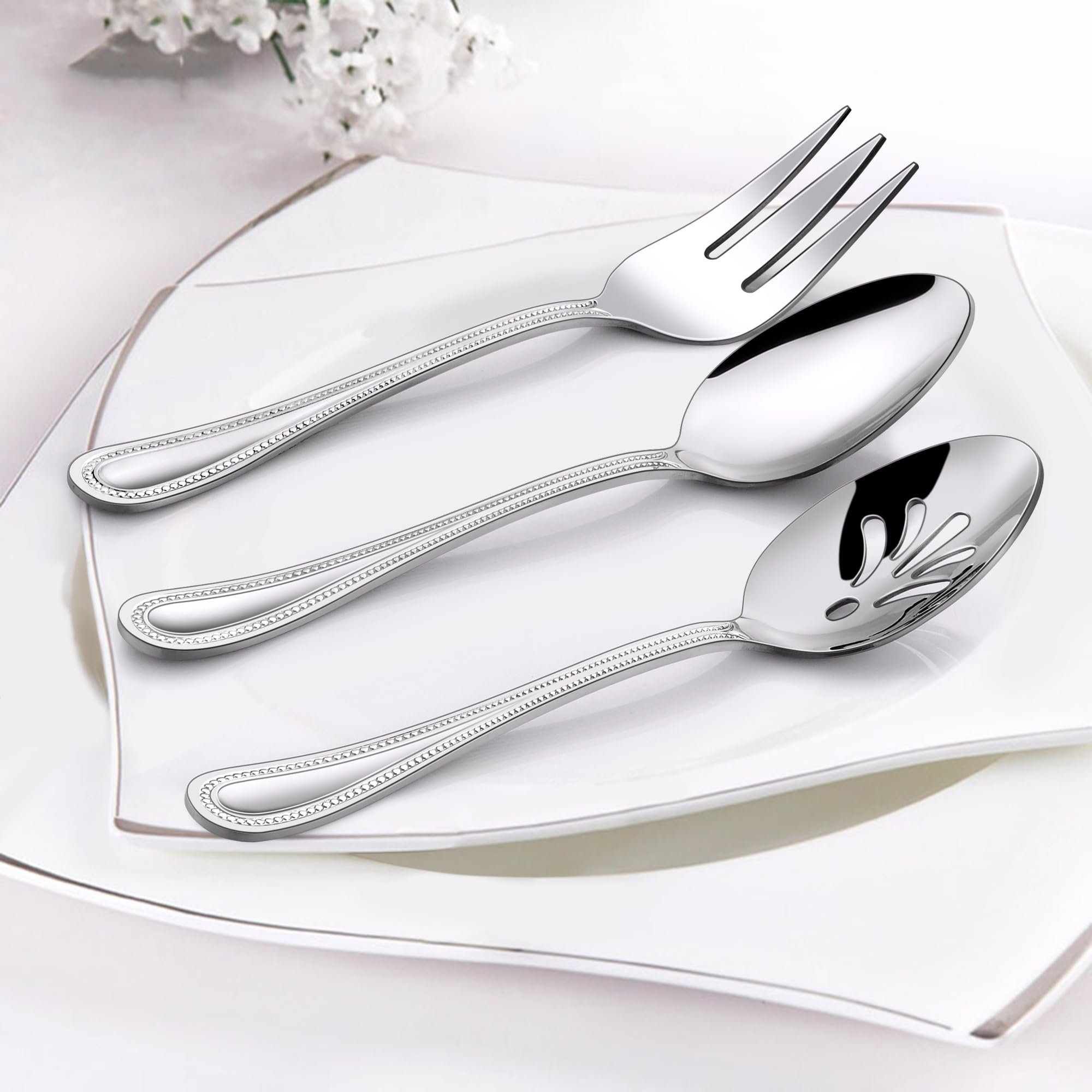 Serving Set, Haware 6 Pieces Stainless Steel Silverware Serving Utensils, Pearled Edge Hostess Serving Set For Buffet Party Kitc