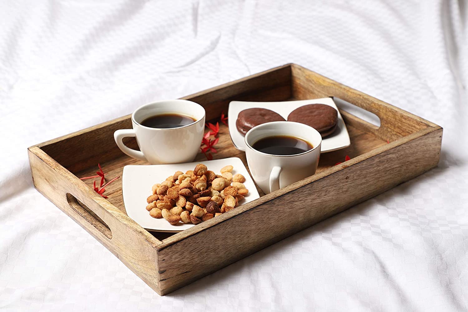 Hamdan Large Serving Tray, Tray With Cutout Handles, Rectangle Butler Tray For Breakfast In Bed, Coffee Table Decor, Party (Natu