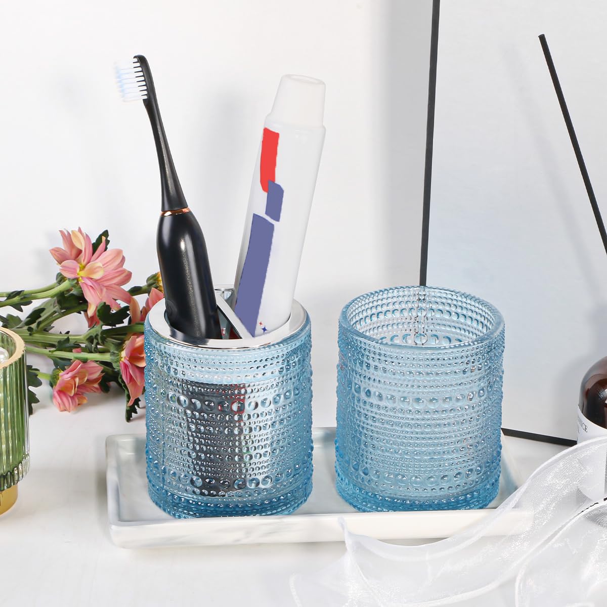 Tonxus Blue Toothbrush Holders for Bathrooms, Glass Toothbrush Holder with 2 Slot Divider, 10oz Bathroom Tumbler and Mouthwash C