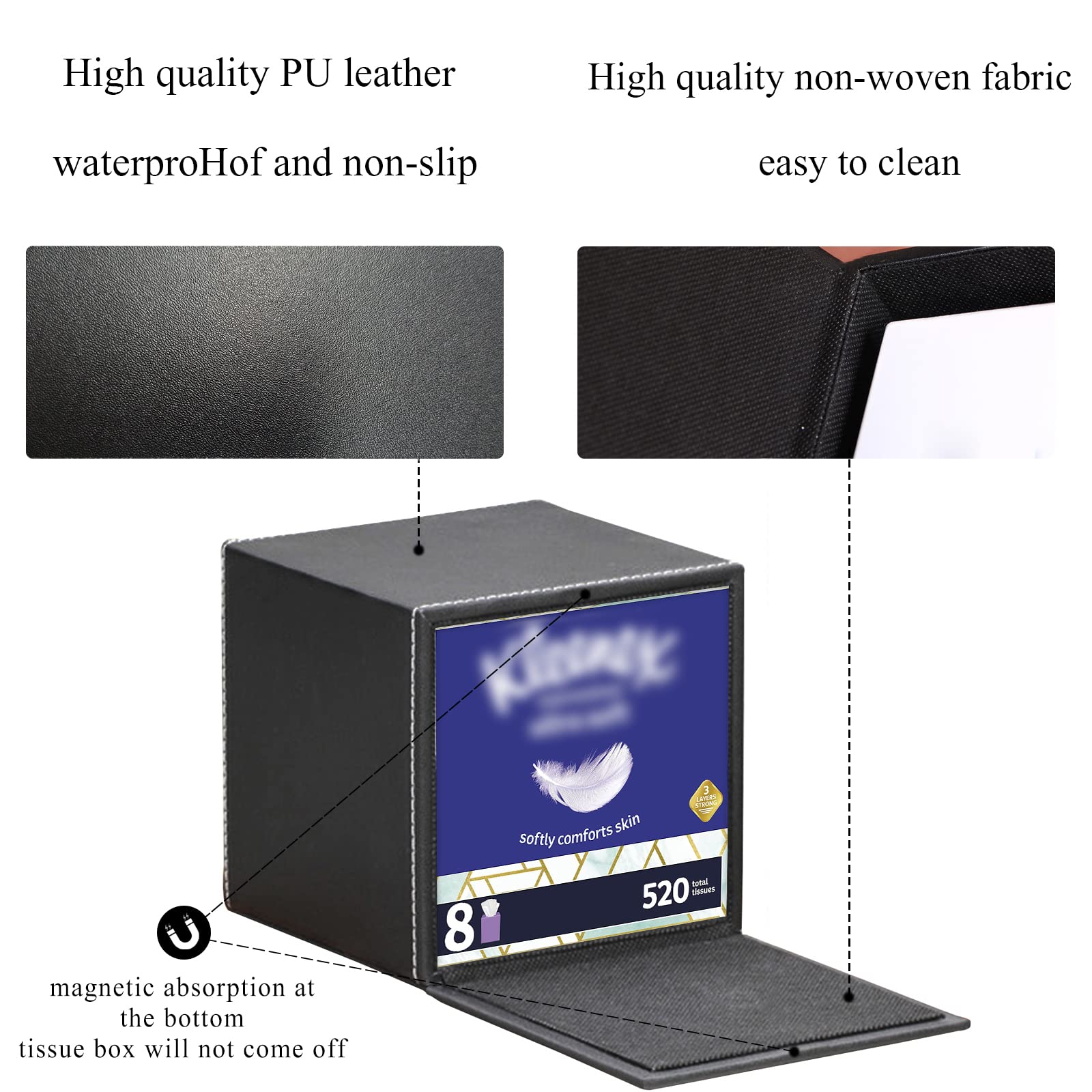 Rhcsz Pu Leather Tissue Box Cover Square,Upgrade Large Size Napkin Holder Pumping Paper Case Dispenser,Facial Tissue Holder With