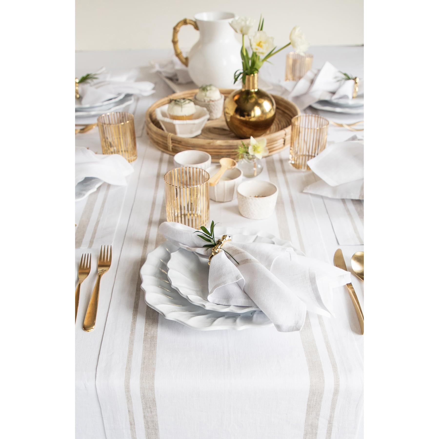 Solino Home Stripe Linen Table Runner 120 Inches Long - 100% Pure Linen Natural And White Table Runner 14 X 120 Inch - French St