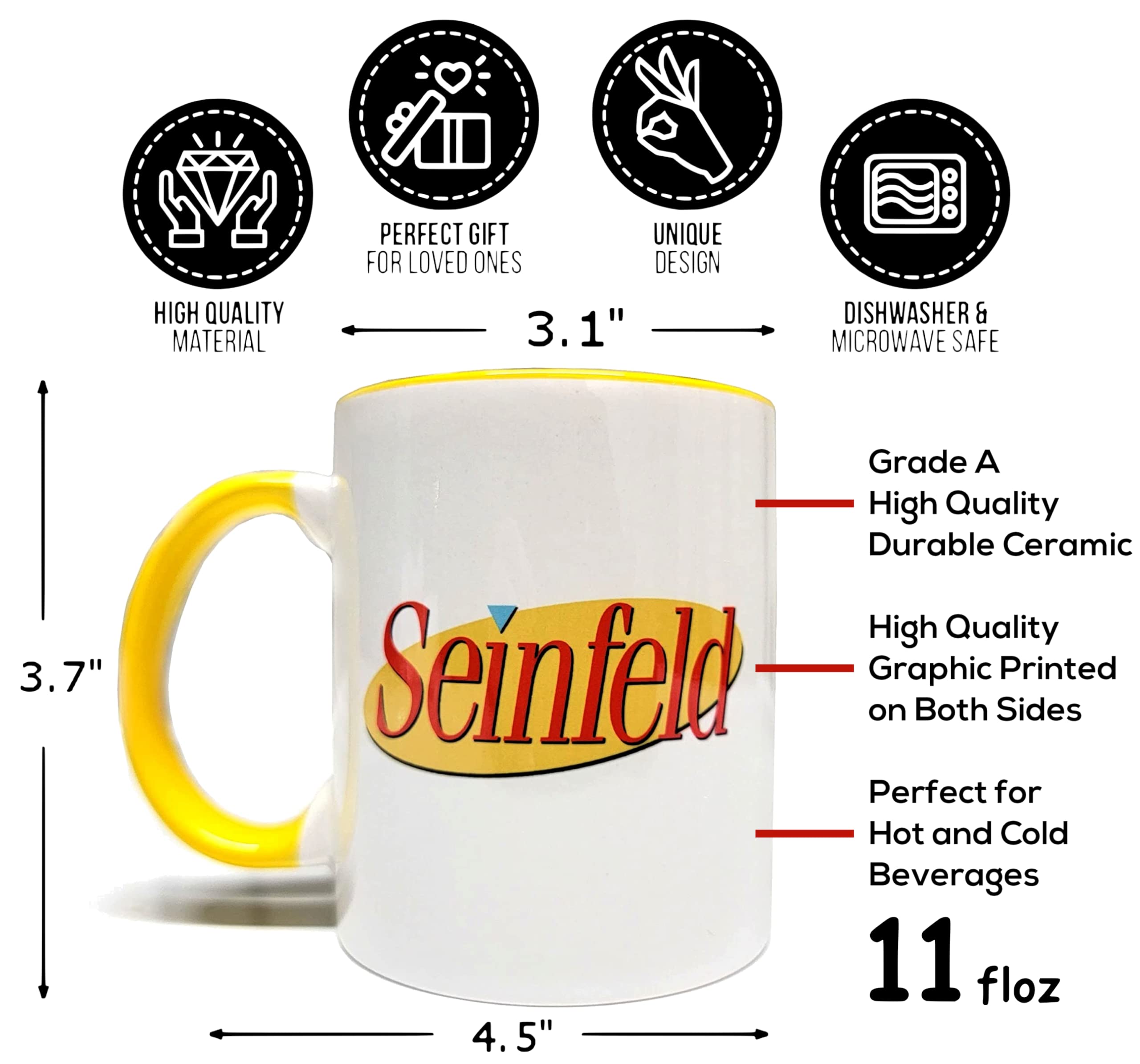 Mean Muggin Seinfeld - 11oz Yellow/White Ceramic Mug - Artwork on Both Sides - Funny - Quality Ceramic and Print - Giftable Foam