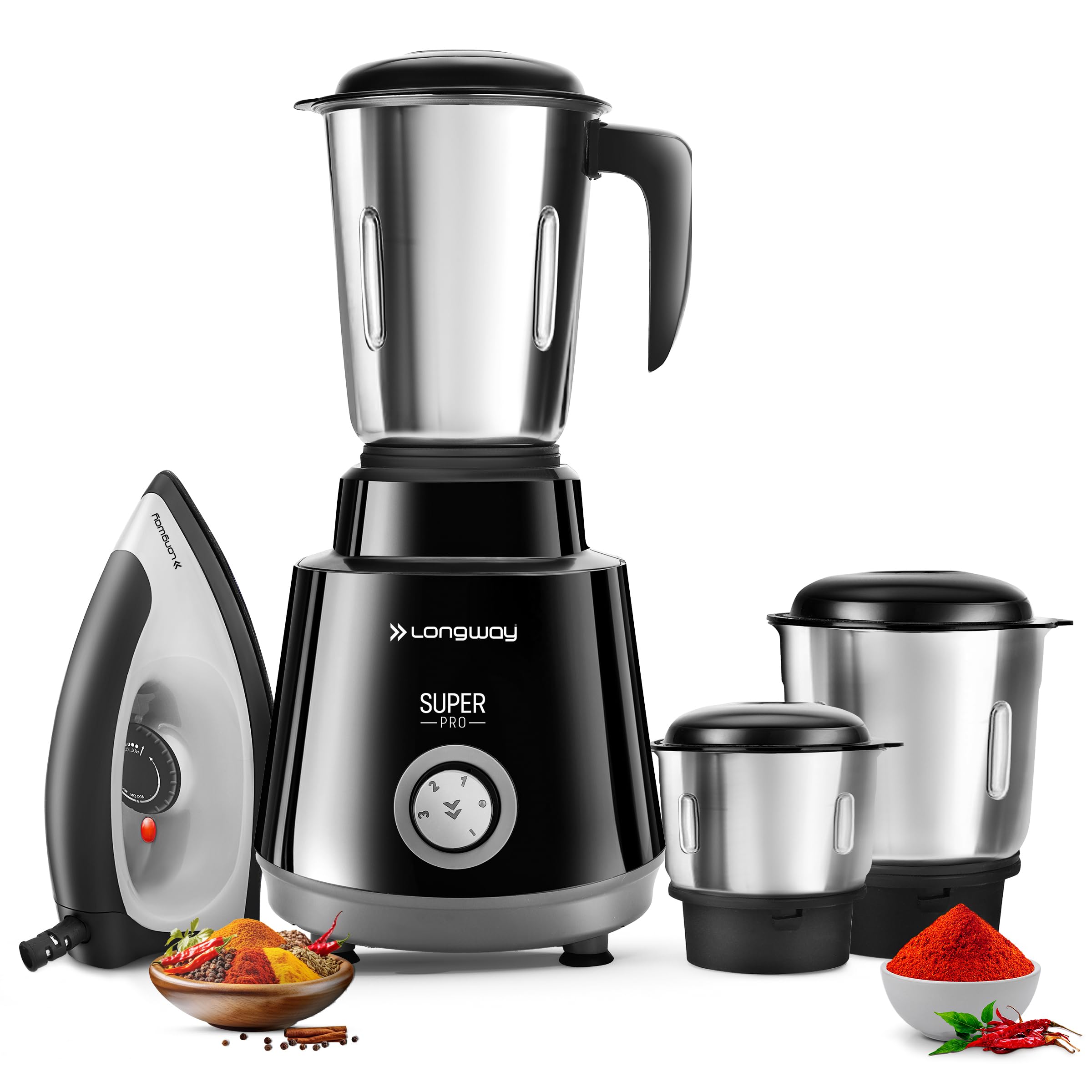 Longway Super Pro Mixer Grinder With Kwid 1100W Dry Iron | Up To 700 Watt Powerful Motor | 3 Jars For Grinding, Mixing, Juicing 