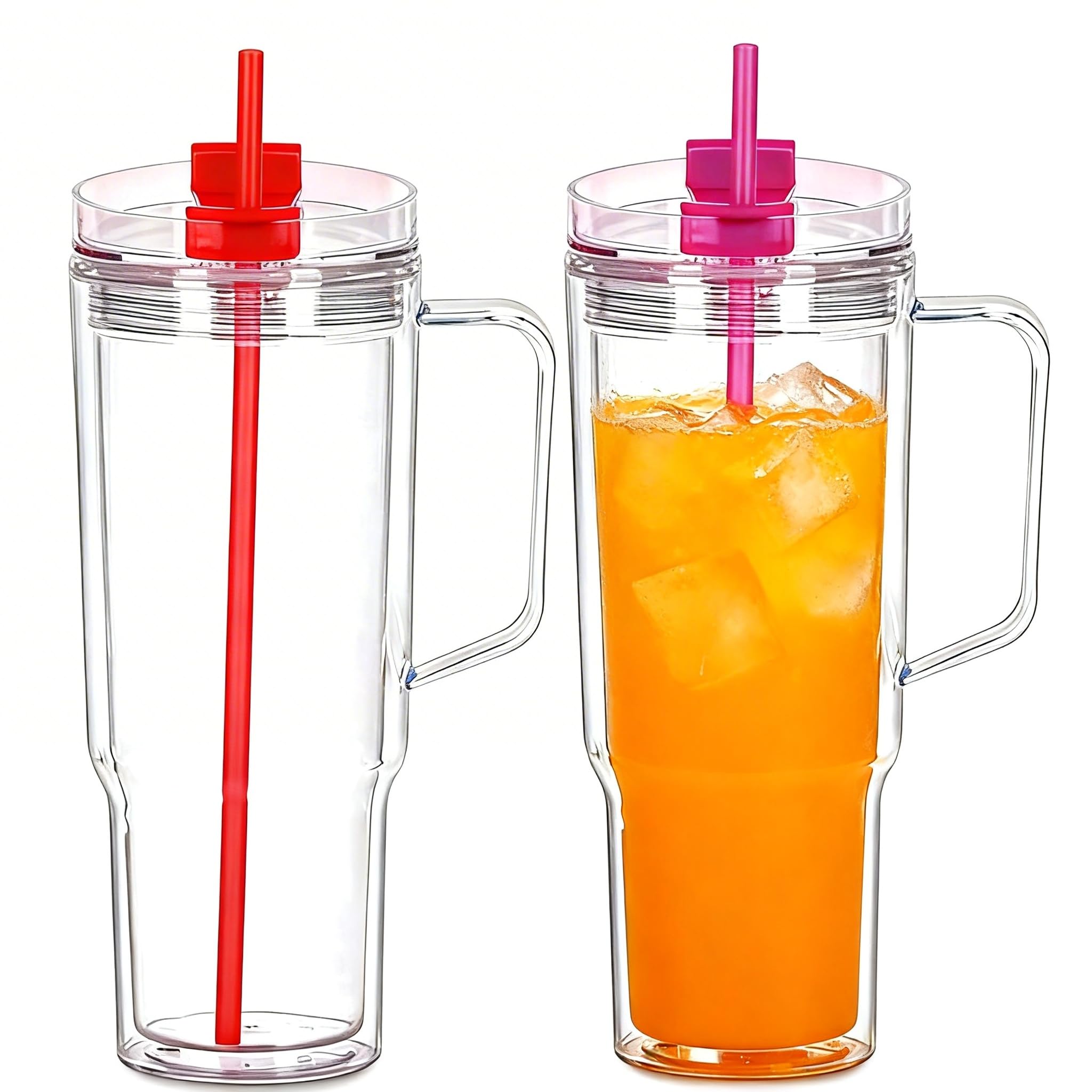 Alohastarttg 40 oz Plastic Tumblers with Handle, Screw Off Lid with Included Straw, Double Wall Leakproof Reusable Water Bottle 