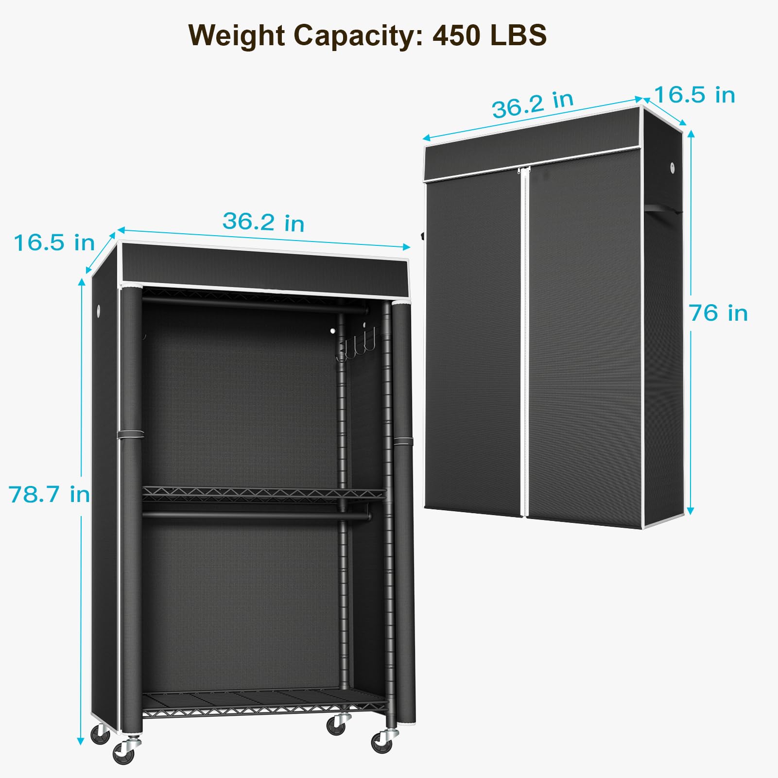 Futassi Clothing Rack With Cover, P1C Rolling Closet Rack With Wheels, Metal Garment Rack For Hanging Clothes, Clothing Storage