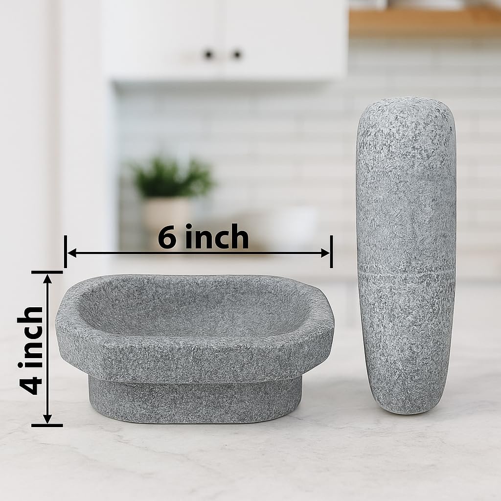 Ezahk Kalvam Stoneware Mortar And Pestle Set,Masher, Khalbatta, Kharal, Musal,For Kitchen, Home, Herbs And Spices (6 Inch Grey,S