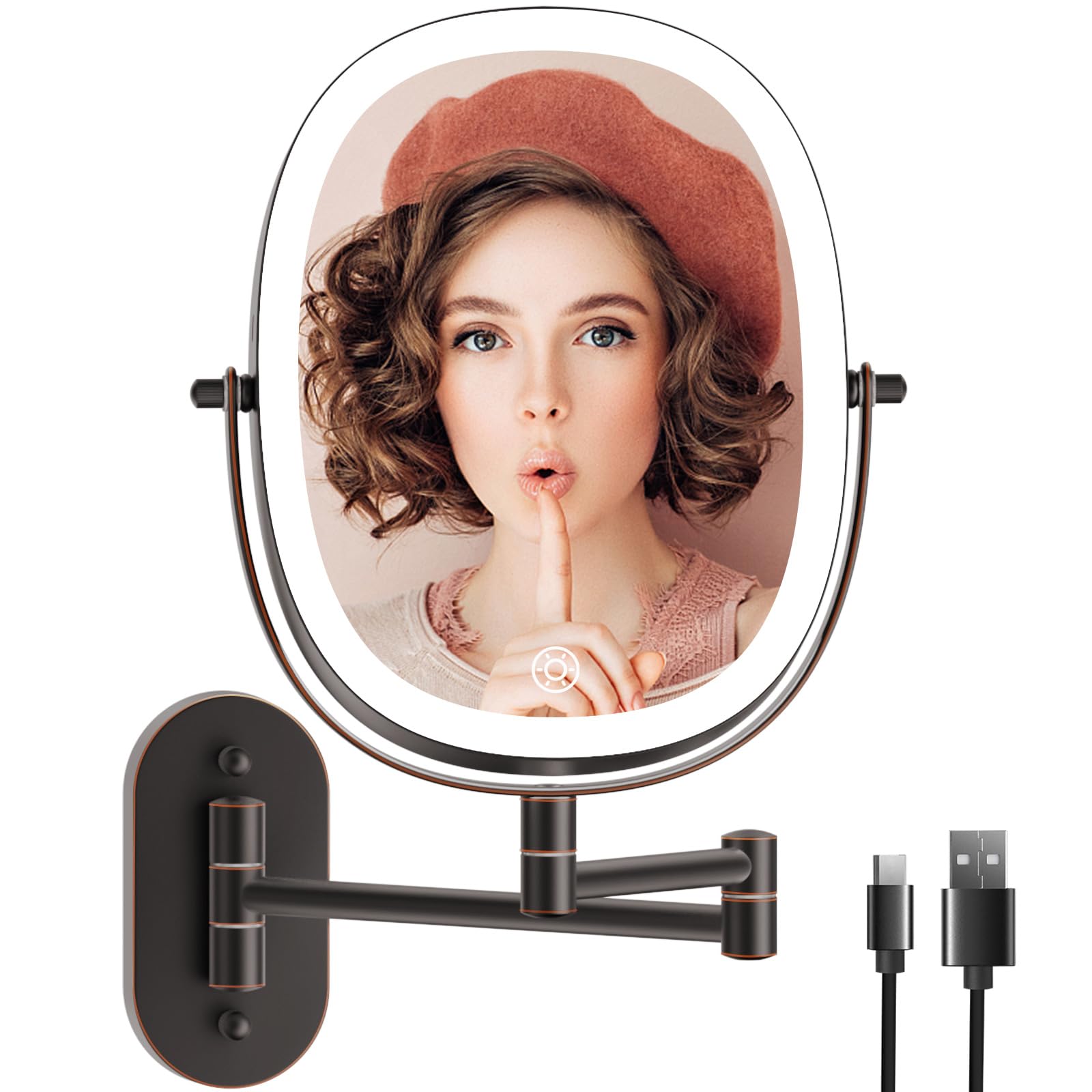 Rechargeable Wall Mounted Lighted Makeup Mirror, 8 Inch Double Sided Led Vanity Mirror 1X/7X Magnification,3 Color Lights Touch