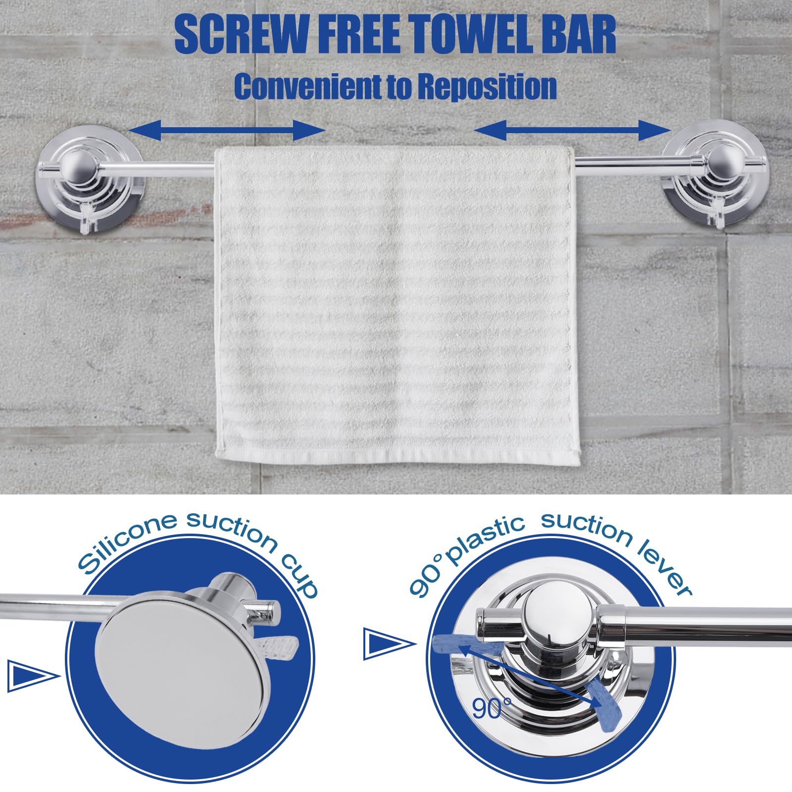 Sliimu Suction Cup Towel Bar For Shower With 5 Hooks, 17-28 Inch Adjustable Stainless Steel Long Bathroom Wall Washcloth Rack,Ex