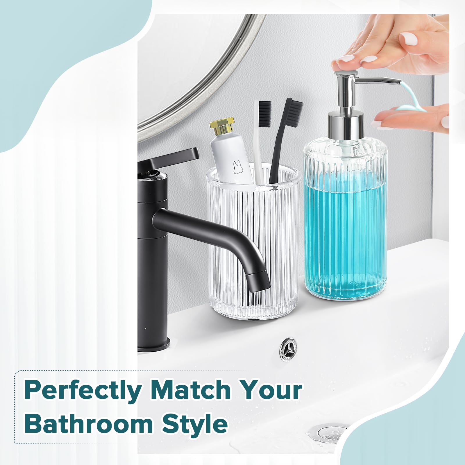 Rytoxilo Bathroom Accessories Set, 5 Pcs Clear Glass Bath Accessory Sets Complete, Ribbed Soap Dispenser And Toothbrush Holder S