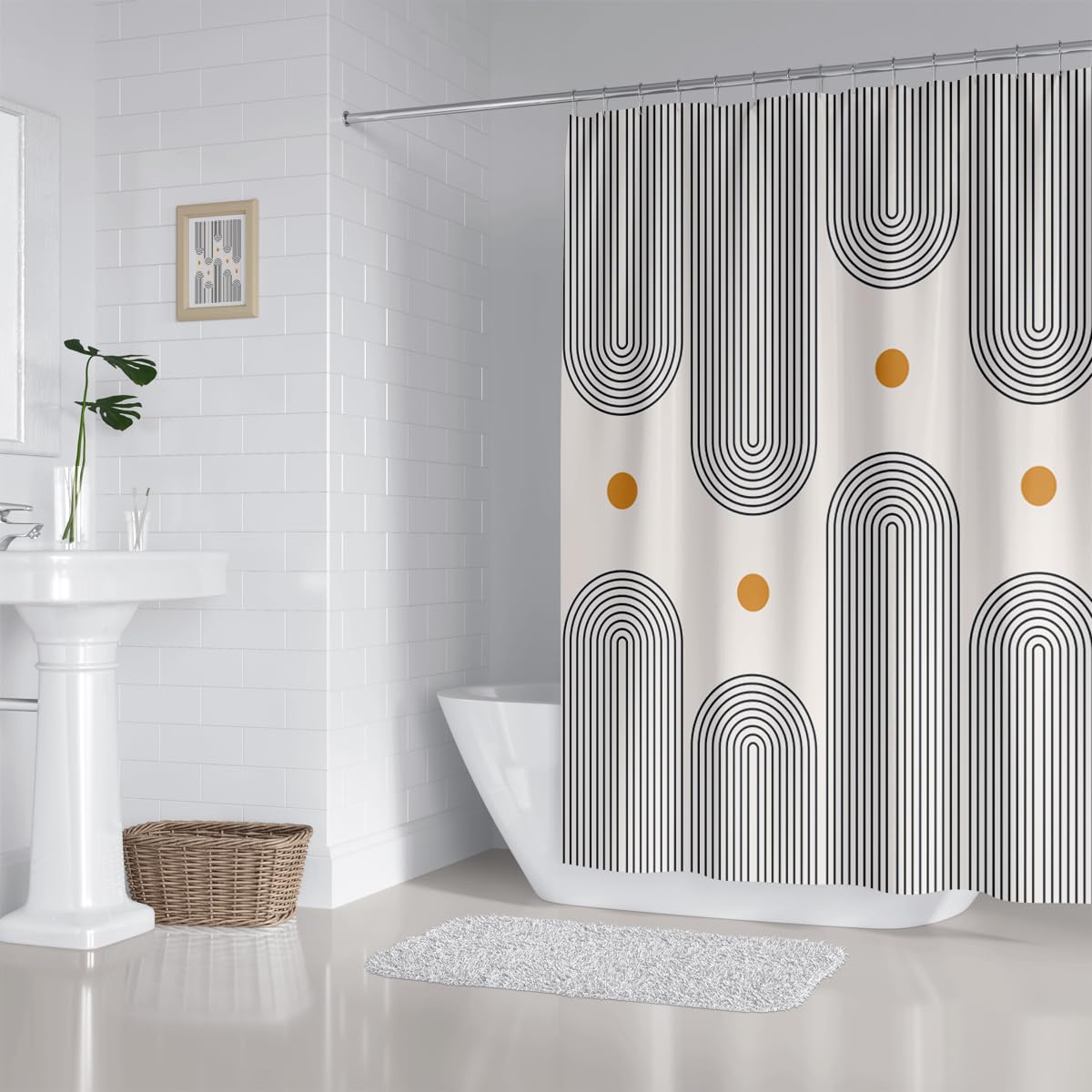 Zxmbf Mid Century Shower Curtain Boho Minimalist Abstract Arch Sun Simple Lines Geometric Modern Beige Bathroom Decor Waterproof