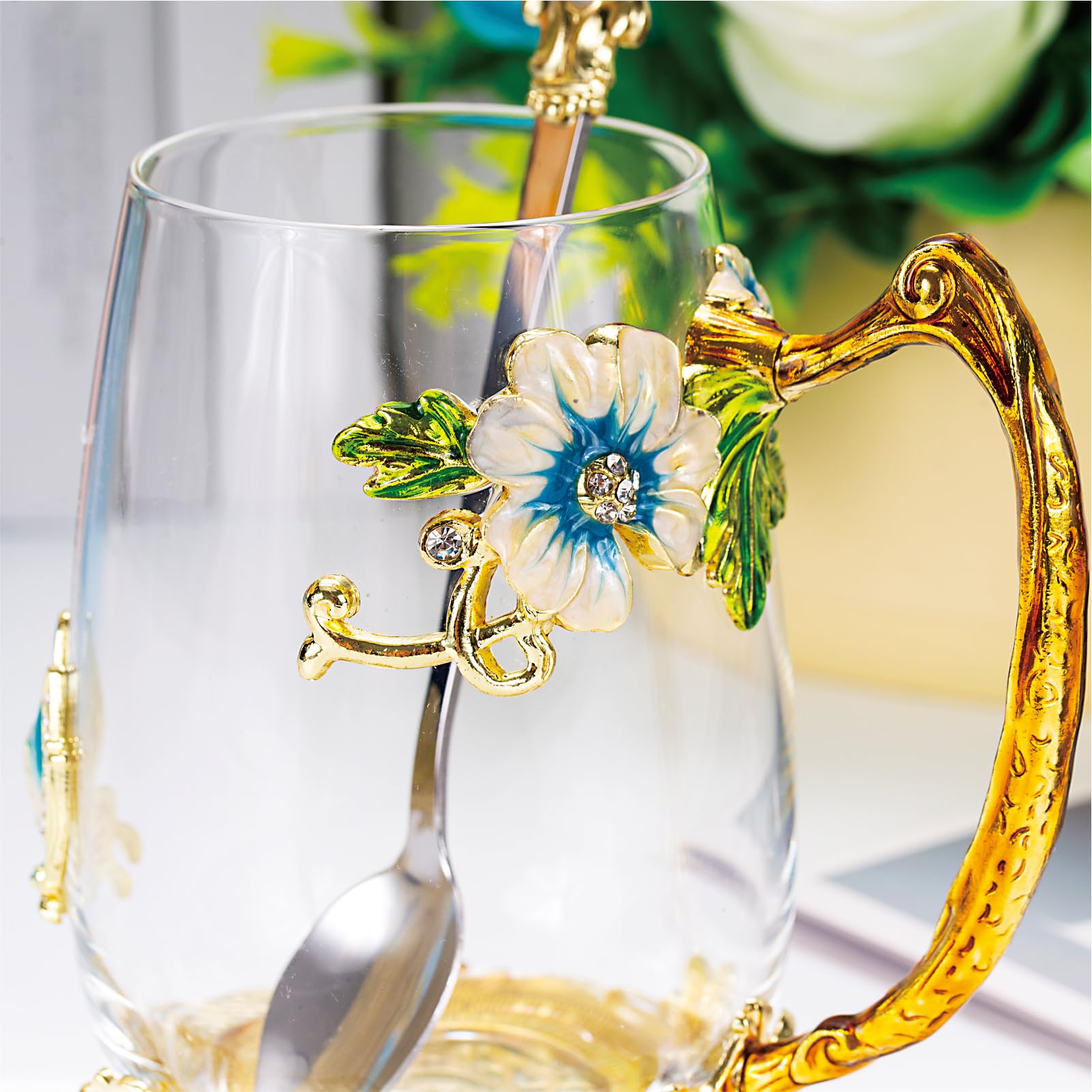 AISVELDY Flower Tea Cup,Butterfly Daisy Glass Fancy Coffee Mug with Spoon,Gift Box for Her Mom Wife Grandma Girls Friends Valent