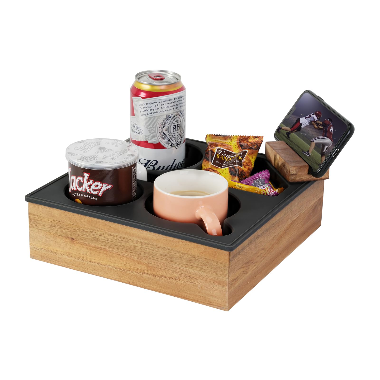 Hitseon Couch Cup Holder Tray, Soft Food Grade Silicone Acacia Wooden Couch Caddy for Bed Car Seat Beach Organizer, Waterproof A