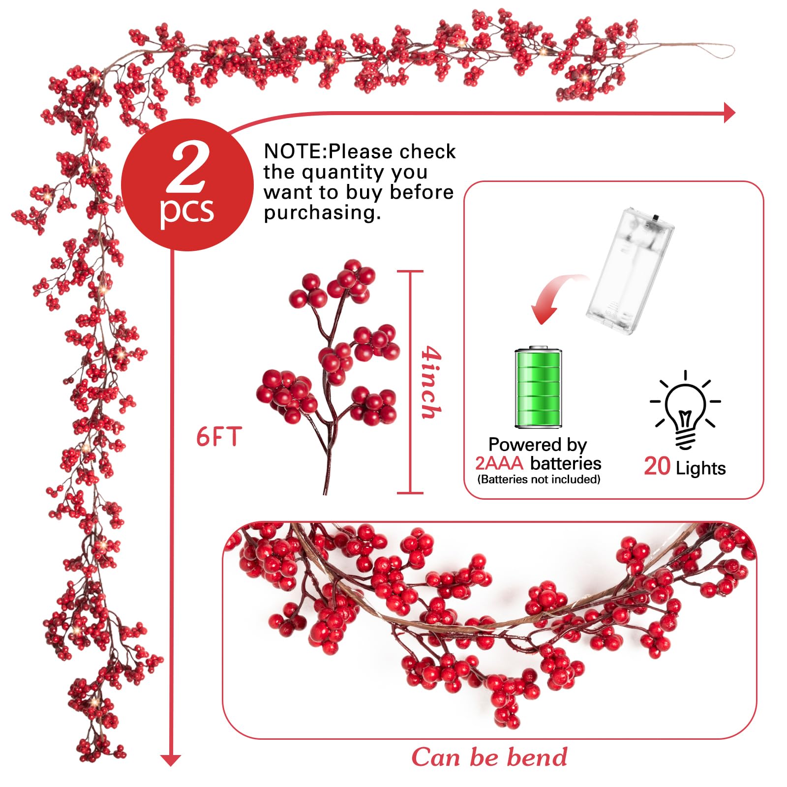 Syhood 2 Pcs Christmas Red Berry String Garland Artificial Lighted Berry Garland for Xmas Winter Valentine's Day Holiday Firepla