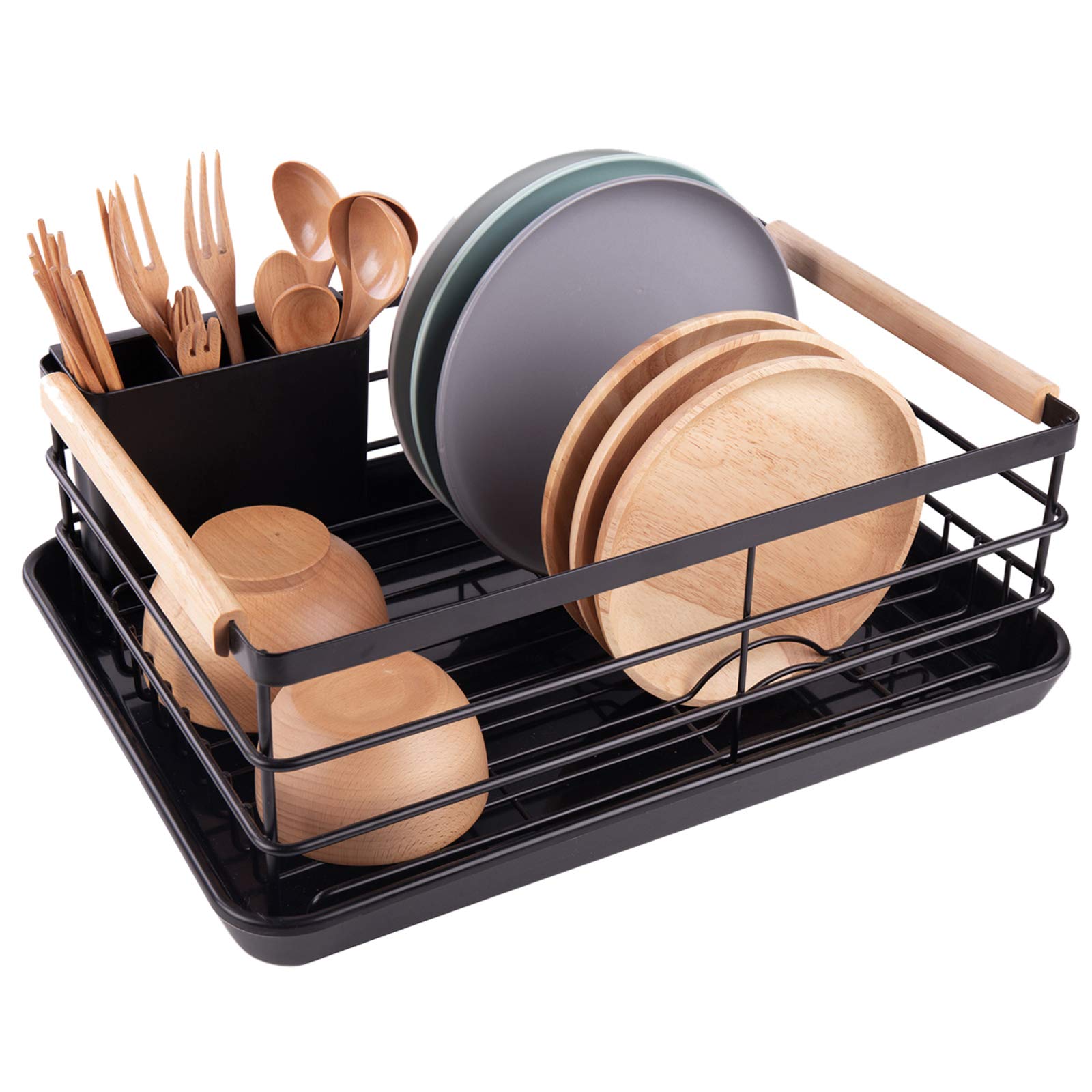 Amazon Brand  Umi Metal (Powder Coated) Dish Drainer Drying Rack Basket With Wooden Handles For Kitchen Utensils Counter Top Di