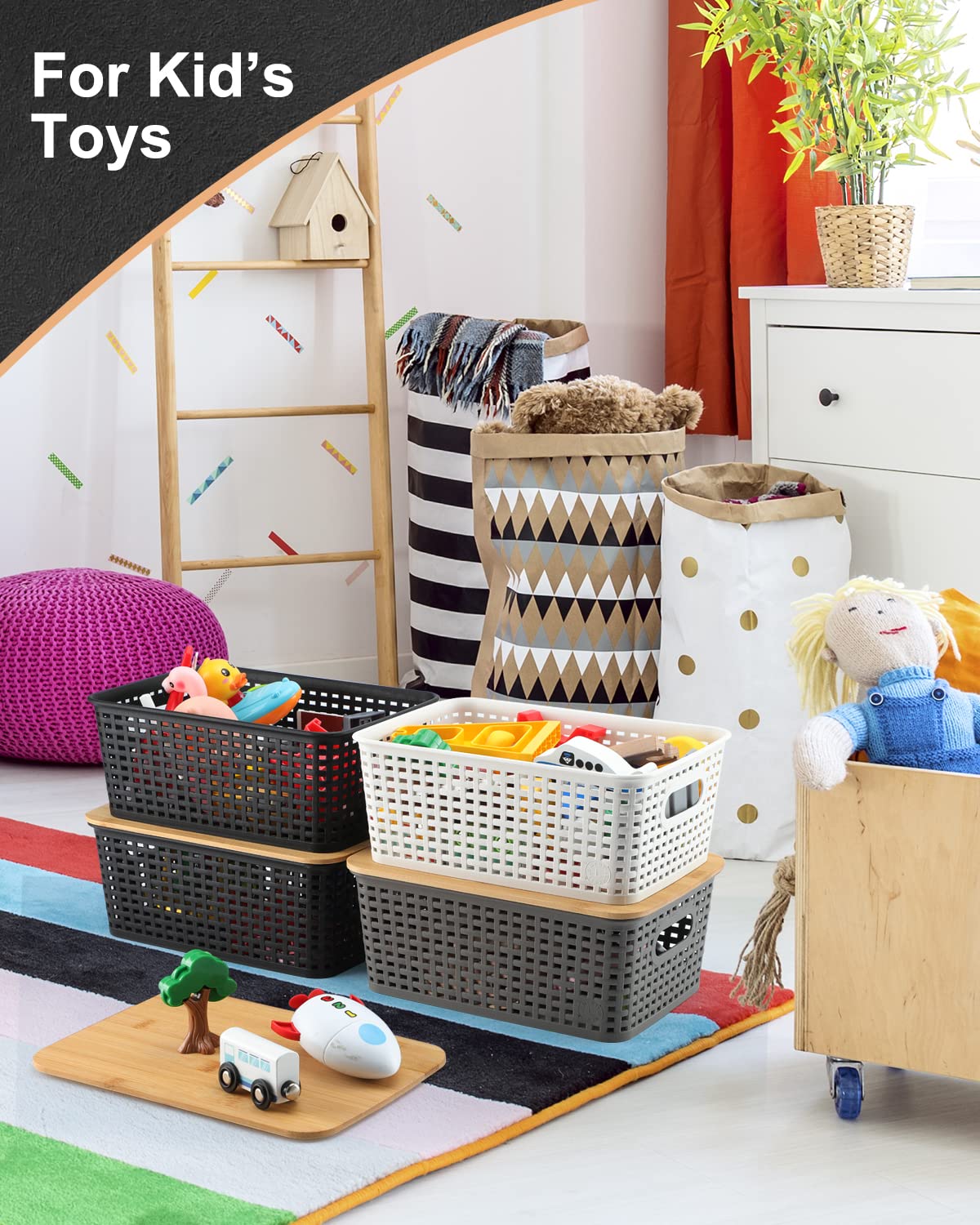 Areyzin Storage Bins With Bamboo Lids Set Of 6 Lidded Storage Container Plastic Baskets Organizer Bins For Organizing Kithen Roo