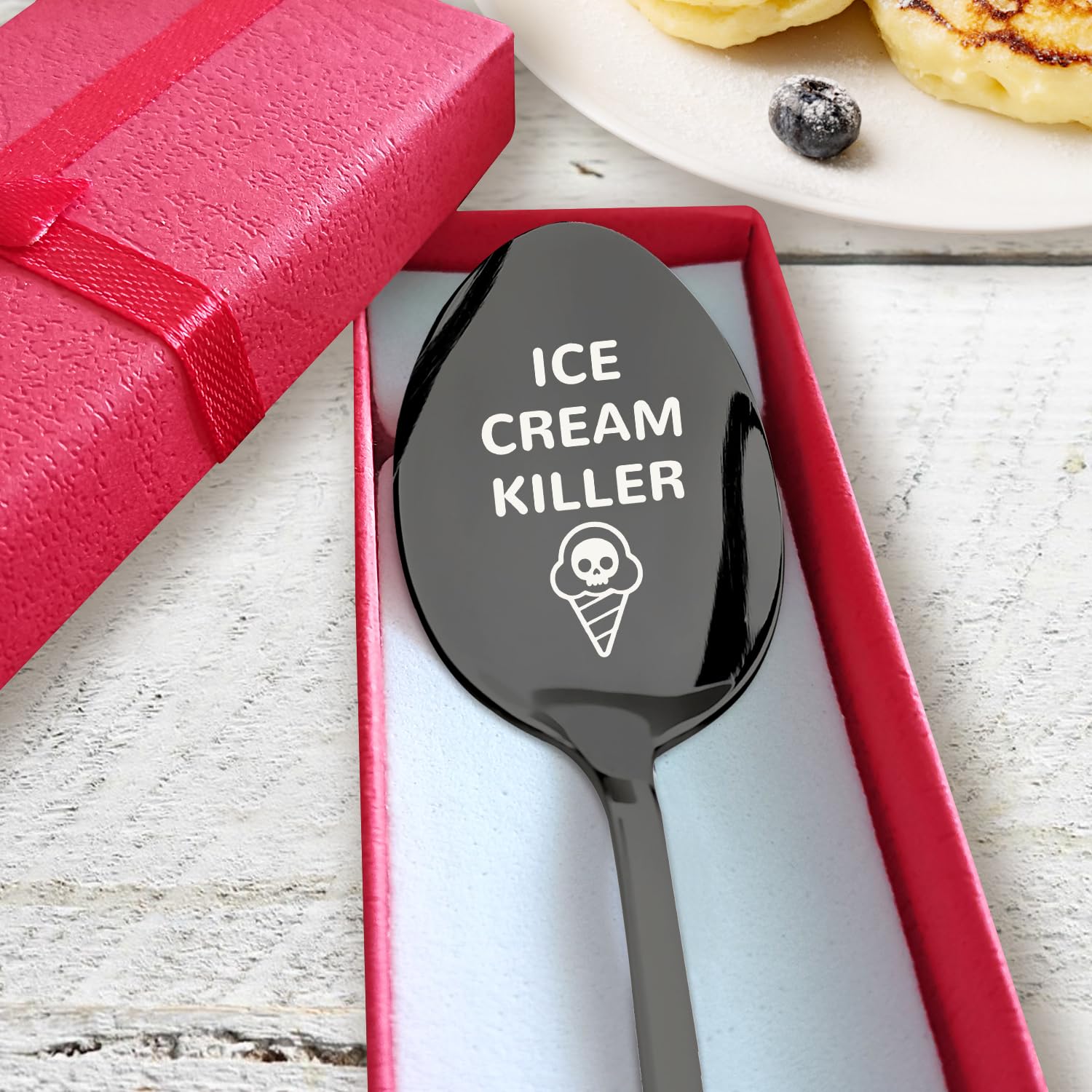 Pzjiean Ice Cream Killer Black Engraved Stainless Steel Spoon, Funny Ice Cream Spoon Coffee Spoon Dessert Spoon Gifts For Ice Cr
