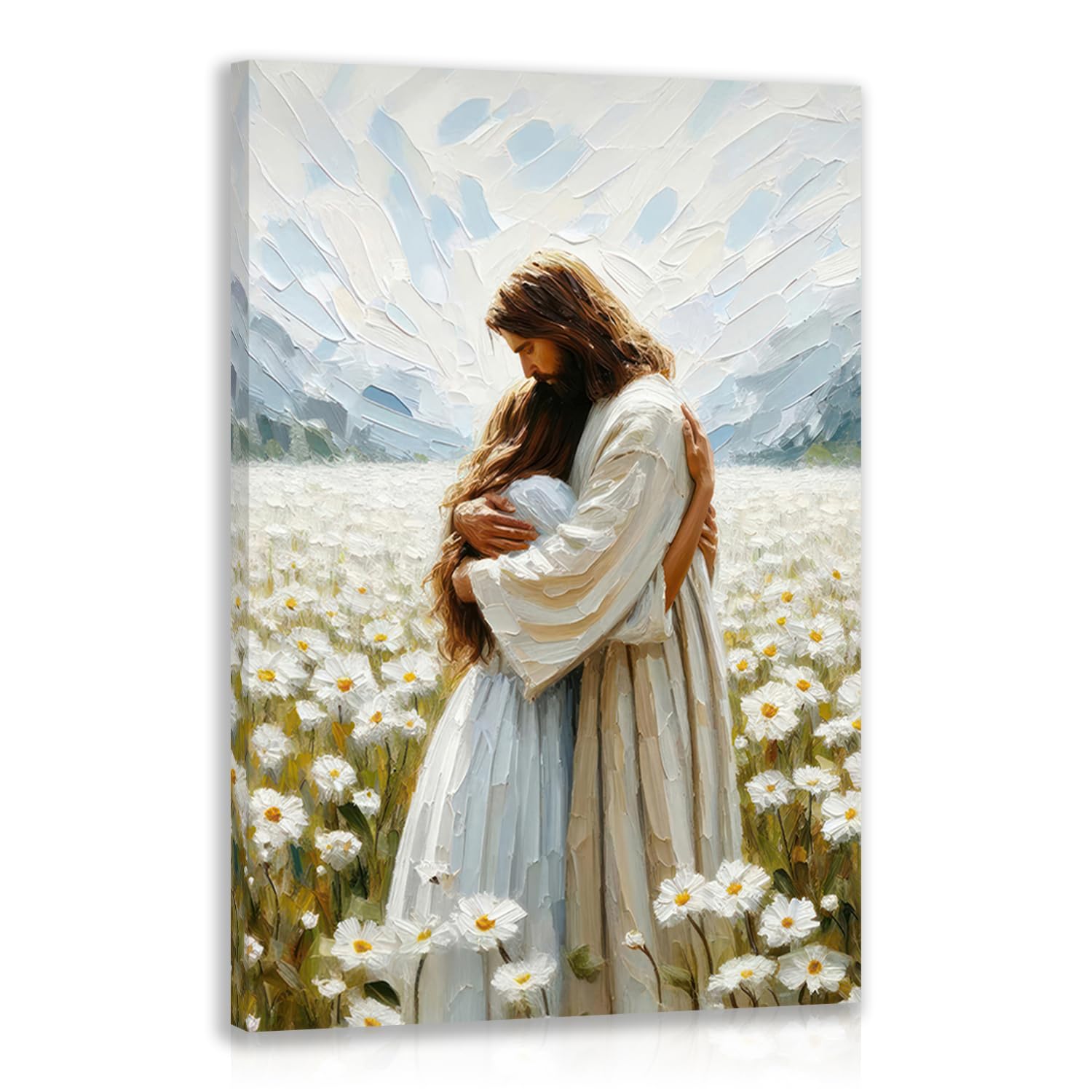 Cyebmo Jesus Embracing Girl Wall Decor,Wildflower Wall Art, Wrapped Canvas,24L X16W