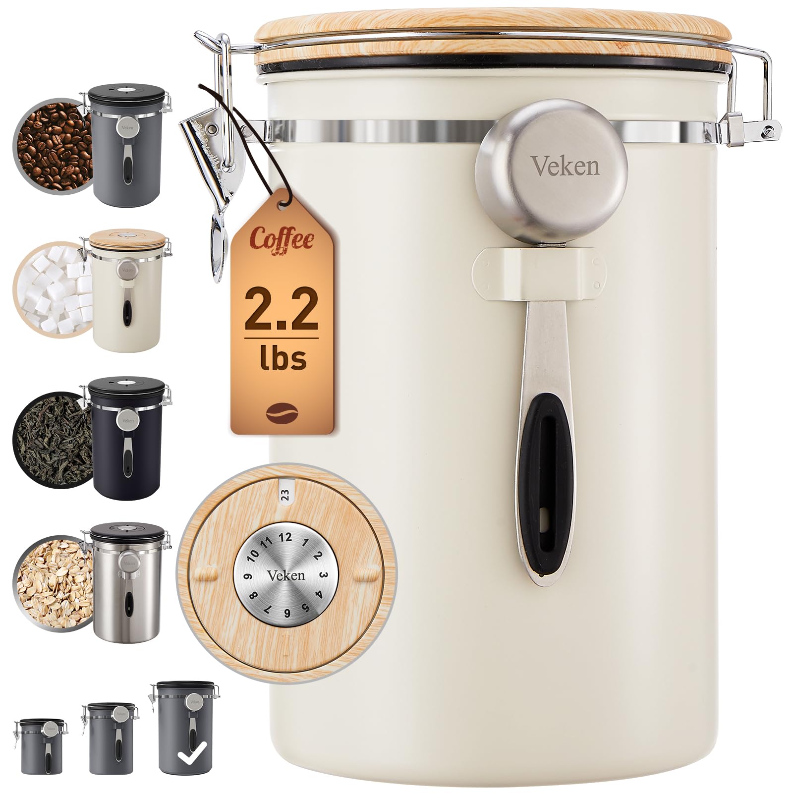 Veken Coffee Canister, 39OZ Large, Airtight Stainless Steel Food Storage Container for 2.2lbs Coffee Beans, Ground, Sugar, Tea, 