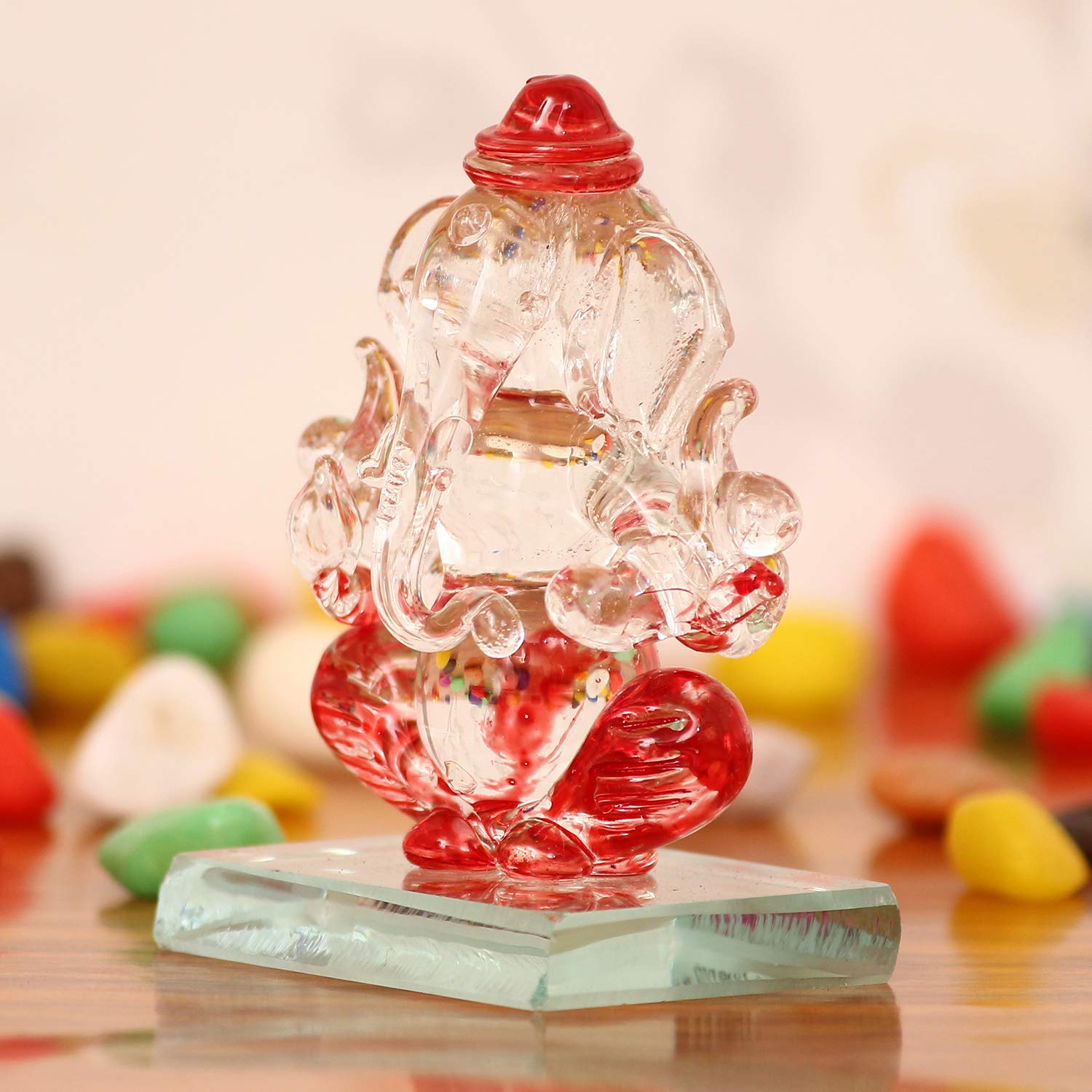 Ecraftindia Red And Transparent Double Sided Crystal Car Ganesha Showpiece