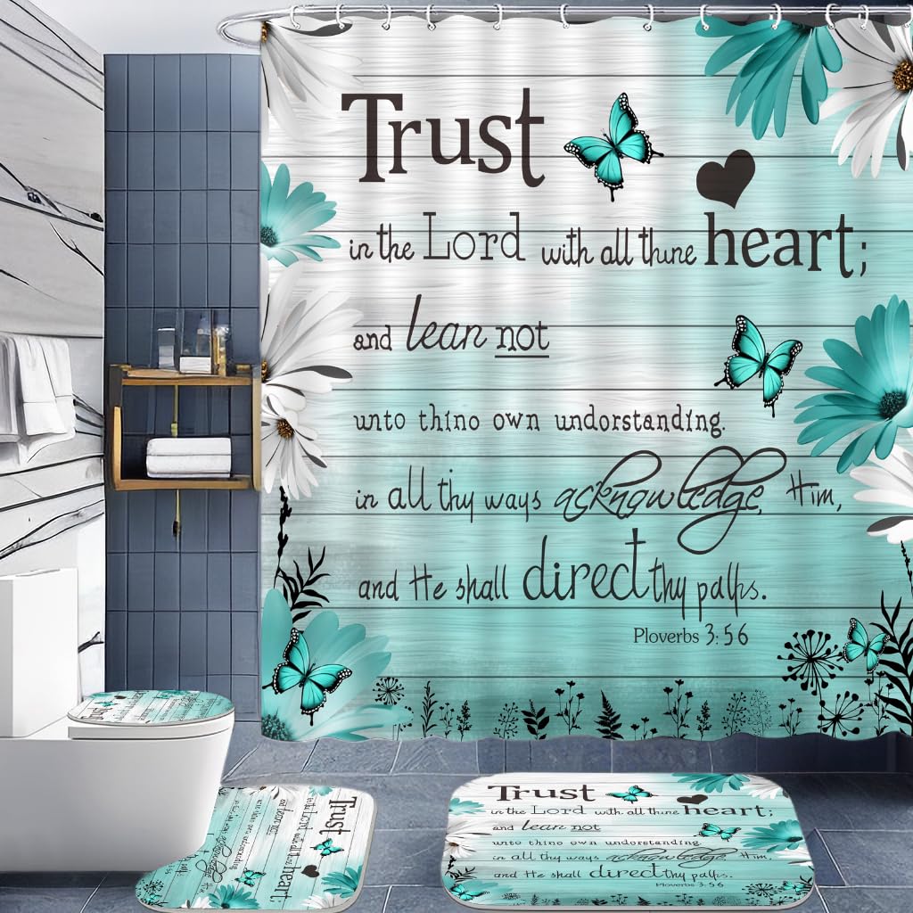 Alexex 4 Pcs Blue Bible Verse Shower Curtain Sets,Inspirational Quotes Bathroom Set With Shower Curtain And Rugs And Accessories