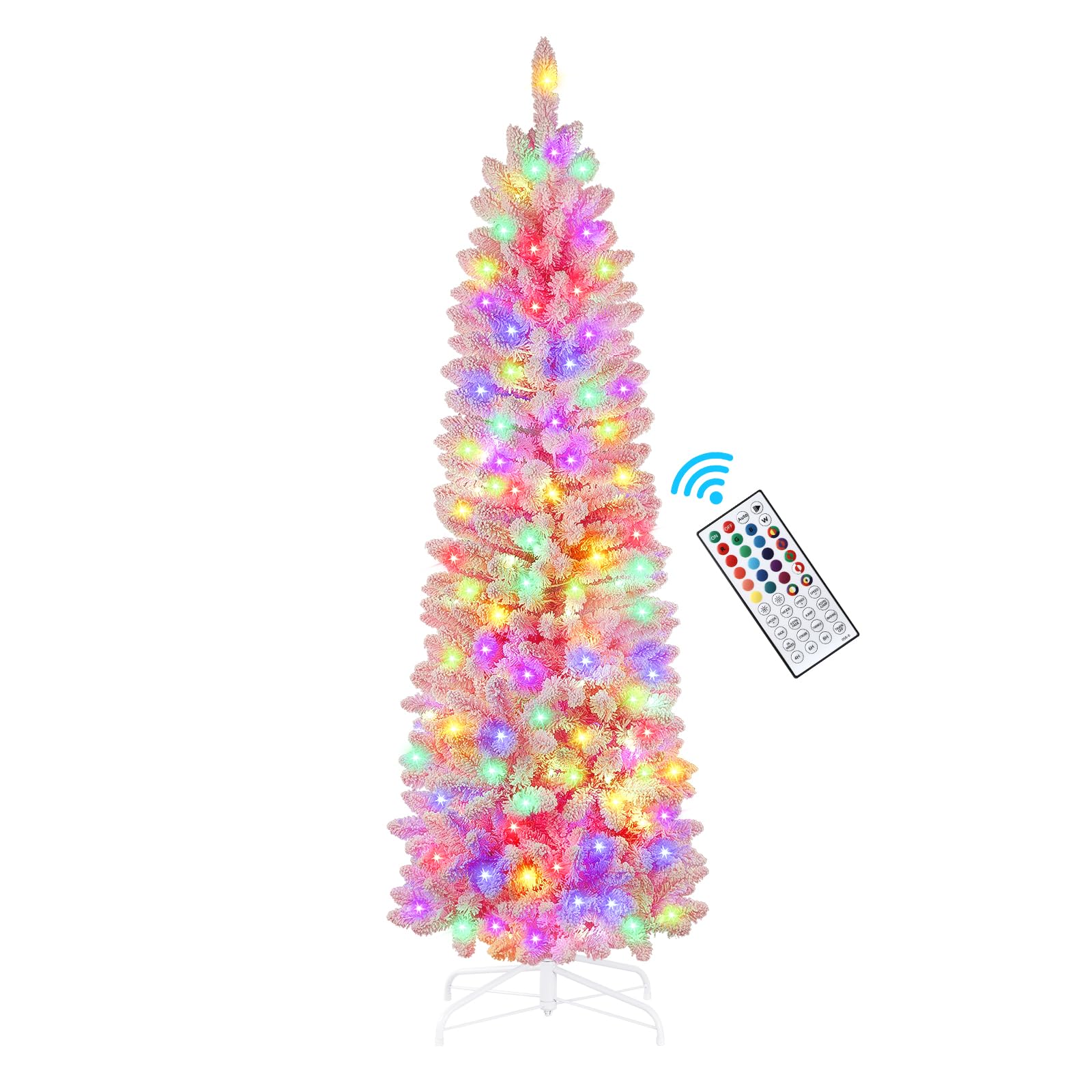 SHareconn 6.5ft Prelit Snow Flocked Artificial Hinged Slim Pencil Christmas Tree, with Remote Controlled Multi-Color RGB Lights,