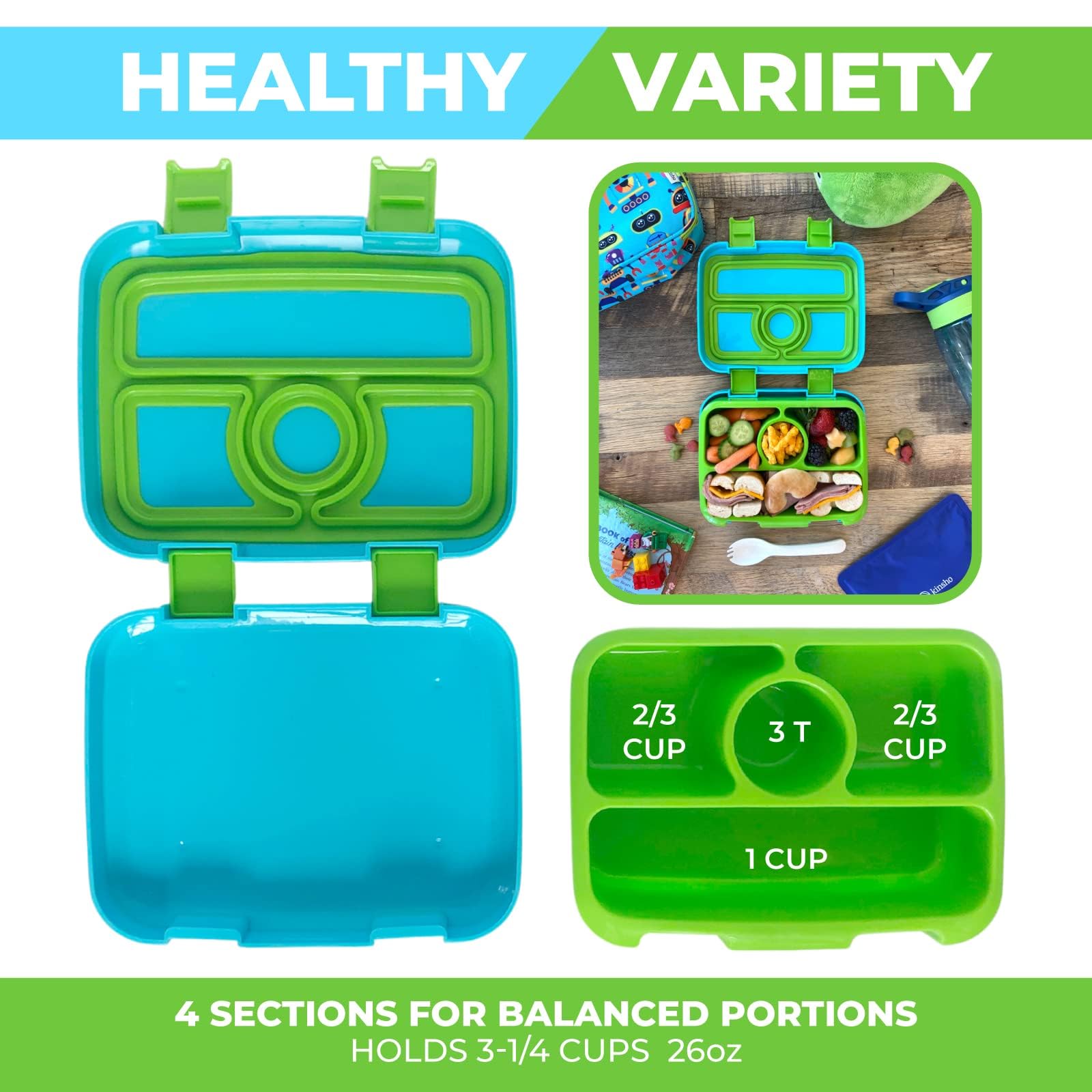 Kinsho Bento Lunch Box And Insulated Bag, Water Bottle & Ice Pack Set For Kids Toddlers, 4 Portion Sections, Removable Tray, Pre