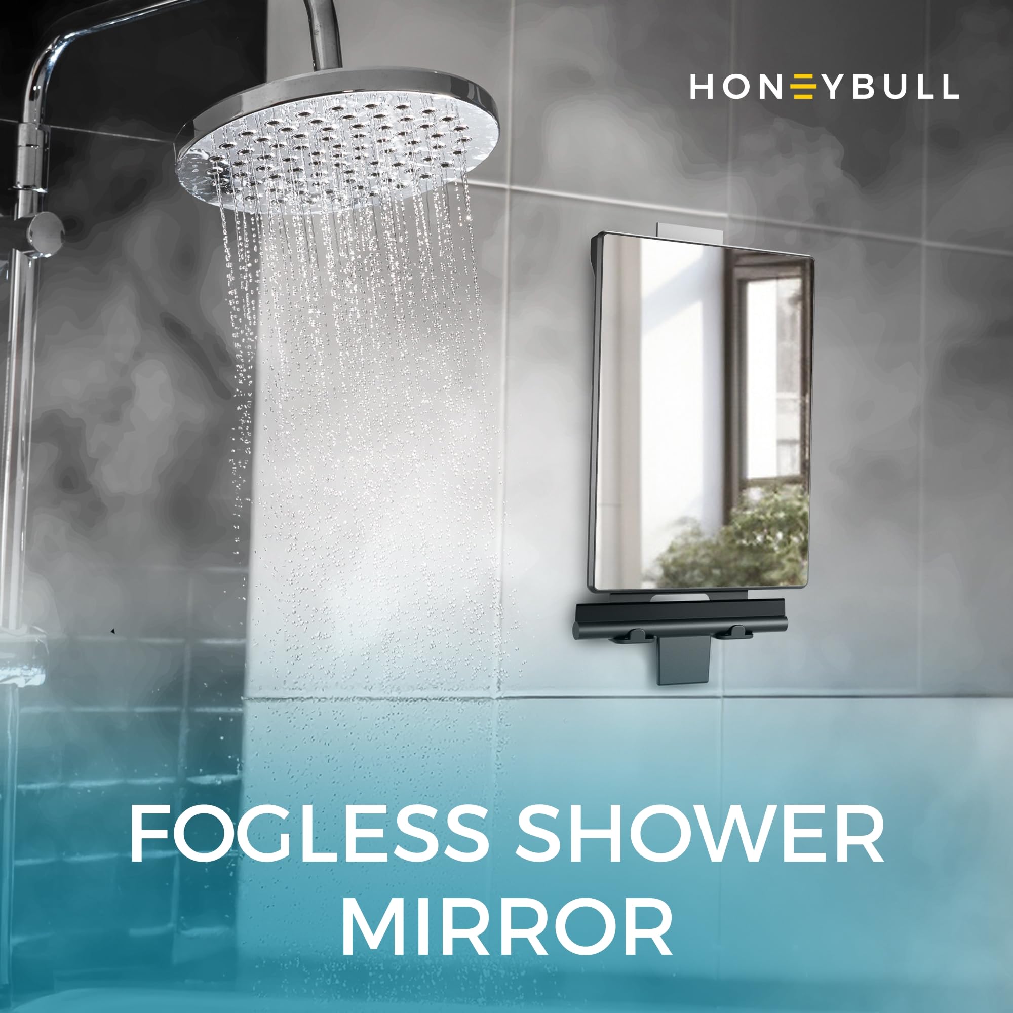 HONEYBULL Fogless Shower Mirror for Shaving - Anti Fog Mirror for Shower with Water Tank, Adhesive Hook Mount, Bonus Razor Holde