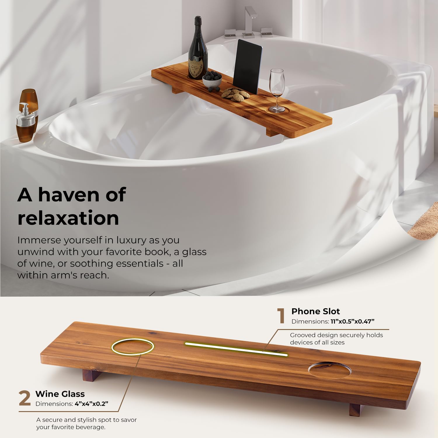 Tinamo Acacia Bathtub Caddy Tray Table | 35X9 Inch Large Bath Tub Tray Wooden | Anti-Tipping, Sustainable Tub Tray For Bathtub |