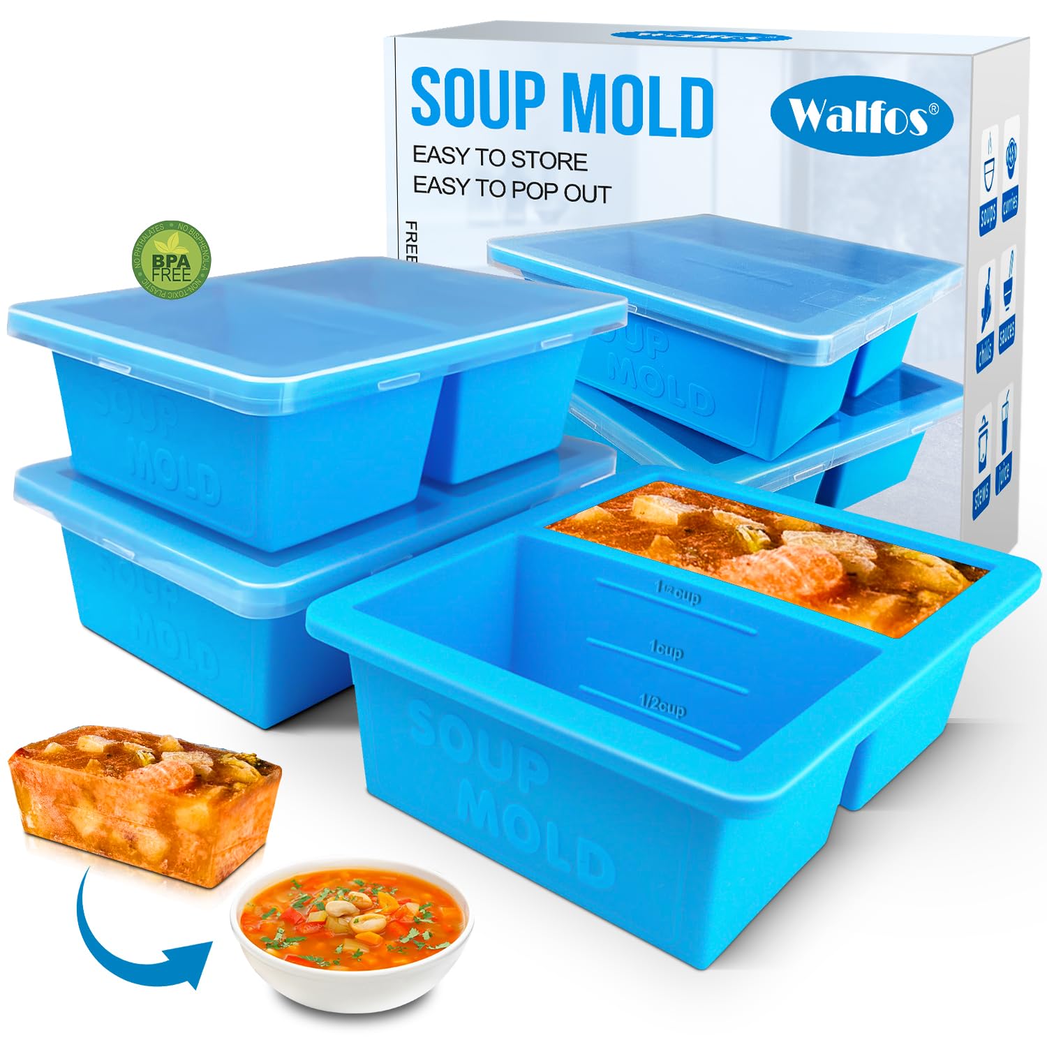 Walfos Silicone Soup Freezer Container, 1.5-Cup Soup Freezer Cube Tray with Lid Prevents Freezer.Soup Freezer Molds.BPA FREE and