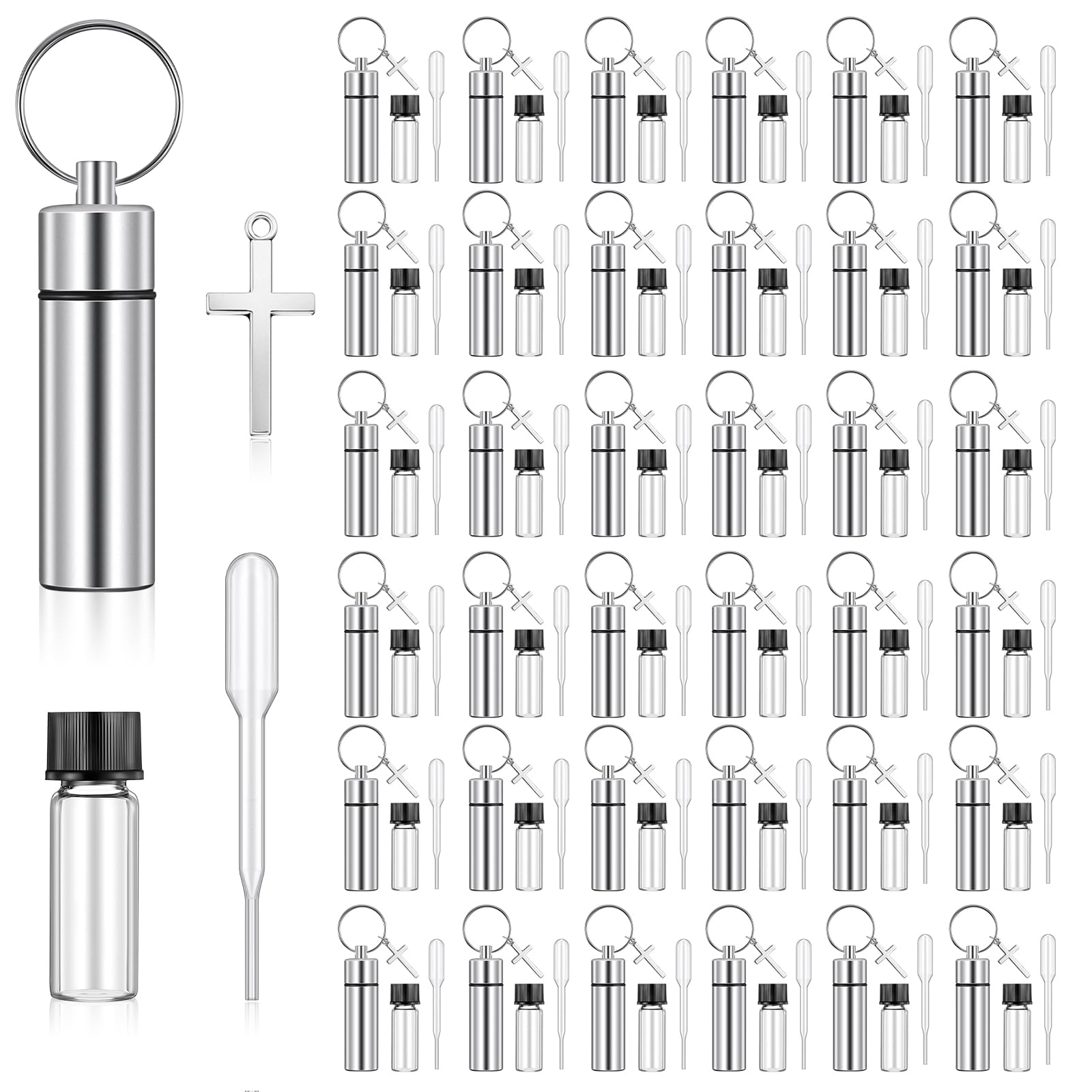 Tandefio 40 Sets Anointing Oil Bottles Keychain Vial Holy Water Container with Dropper Cross Pendant for Travel Baptism Favor (S