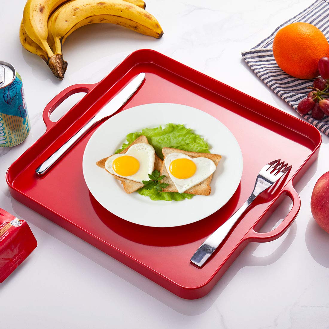 I Bkgoo Foodservice Red Plastic Tray With Handle Set Of 2 Large Melamine Cube Serving Platters For Parties, Table, Kitchen Size(
