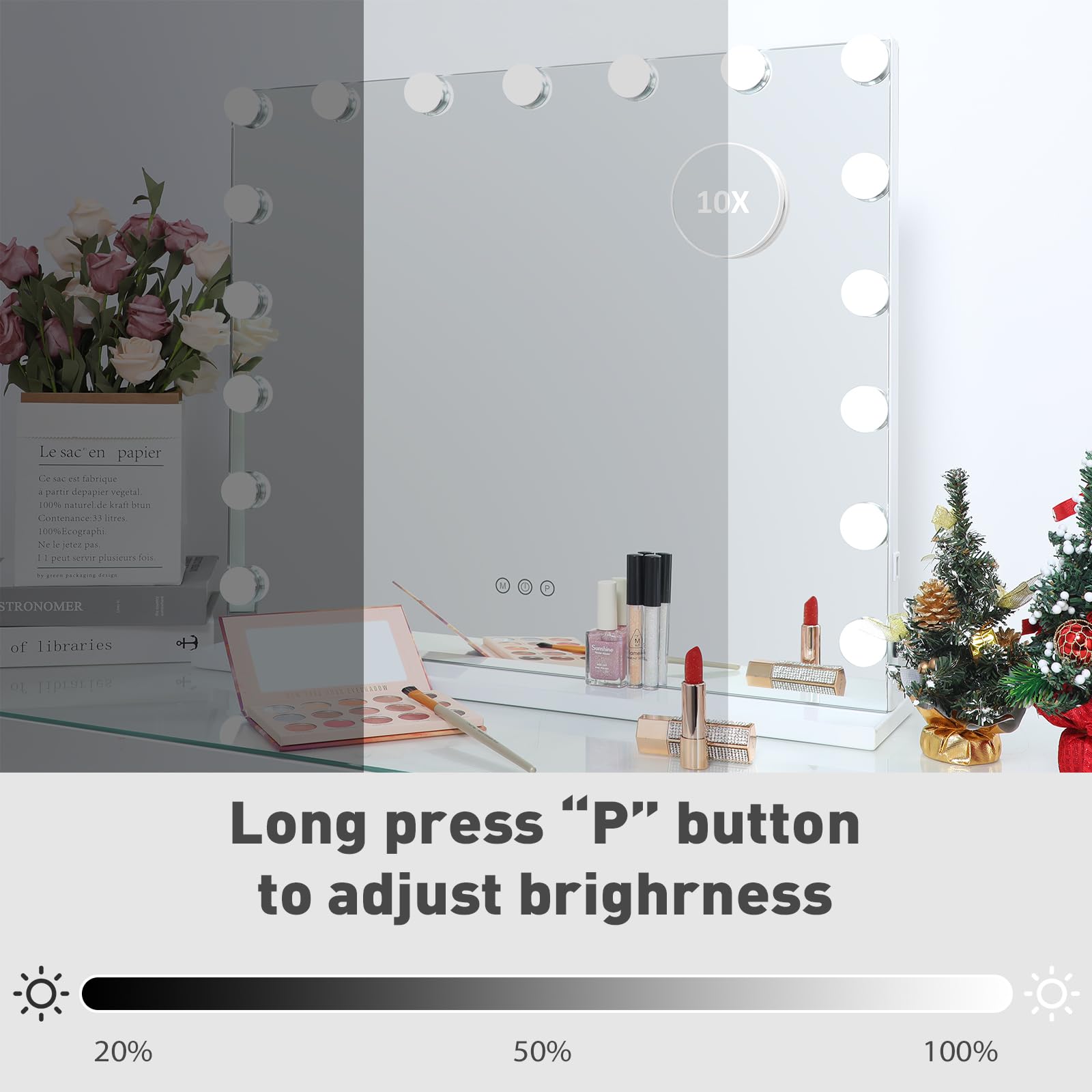 Hompen Hollywood Vanity Mirror Makeup Mirror With Lights, Touch Screen, 3 Color Modes Frameless Tabletop Mirror With 17 Dimmable