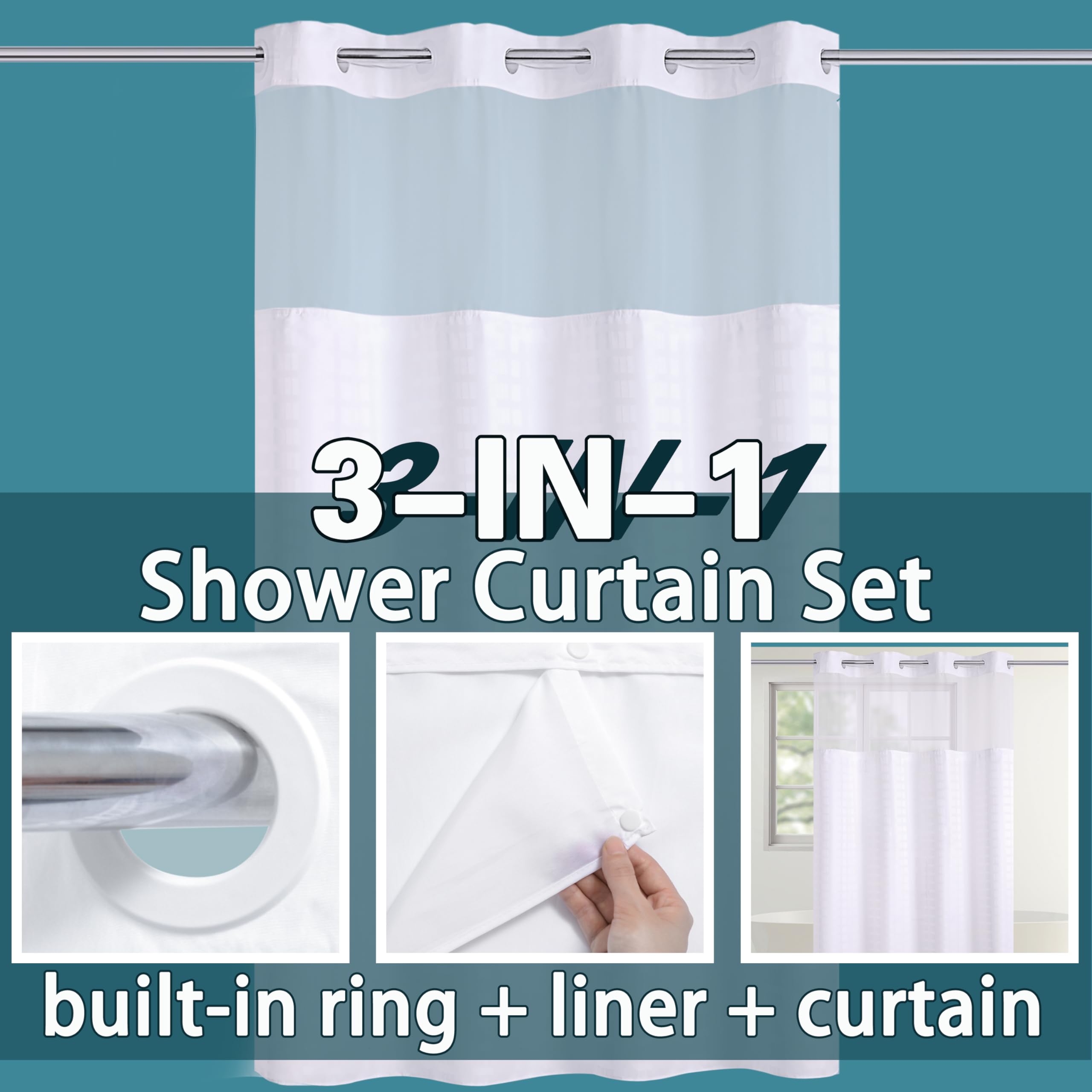 Conbo Mio Hotel Grade Fabric Shower Curtain Stall White Shower Curtain with Snap in Liner for Bathroom with See Through Top Window  Spa  Machine Washable (Check-White 54W x 74H)