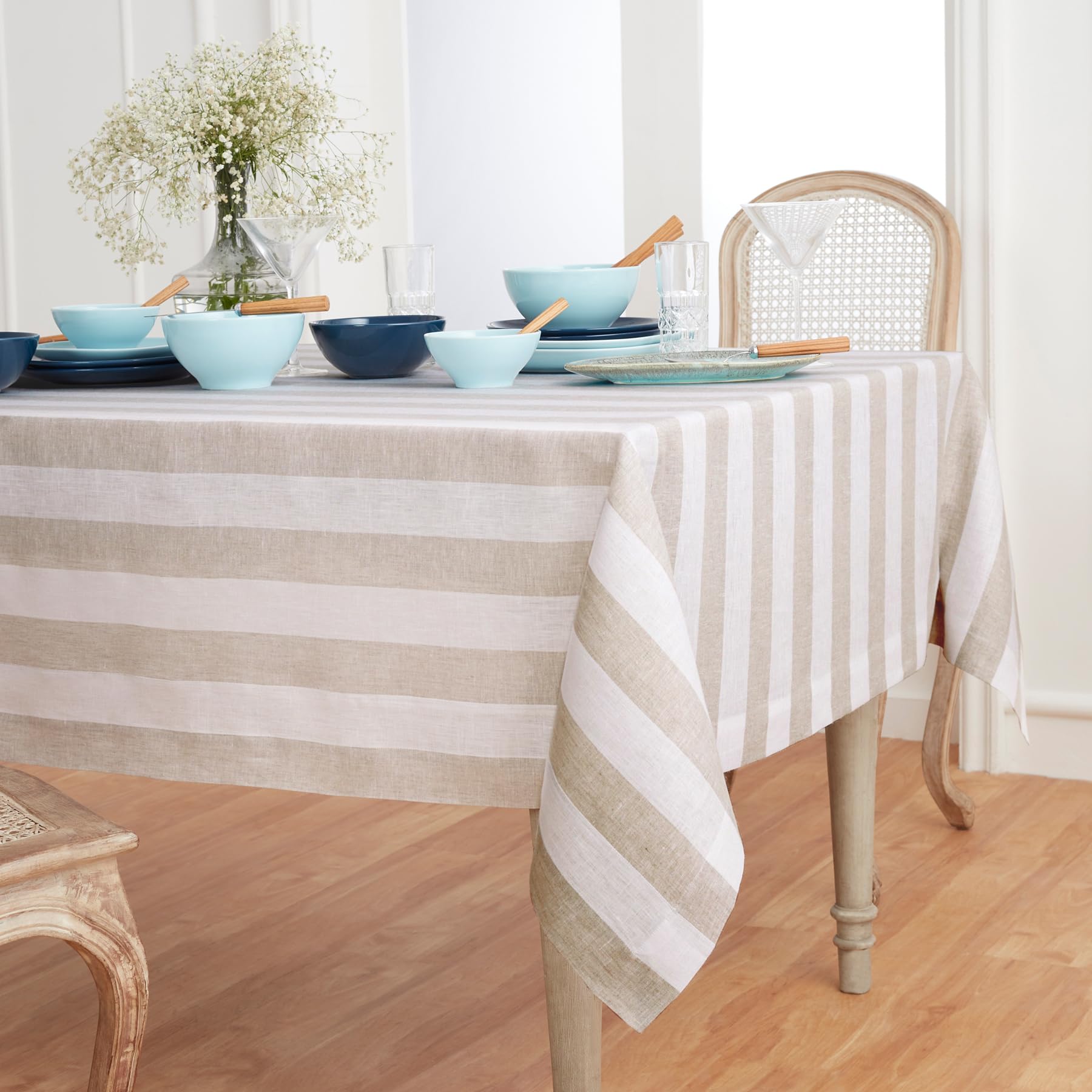 Solino Home Cabana Stripe Linen Tablecloth 120 '' L X 60 '' W Inch - 100% Pure Linen Natural And White Tablecloth - Machine Wash