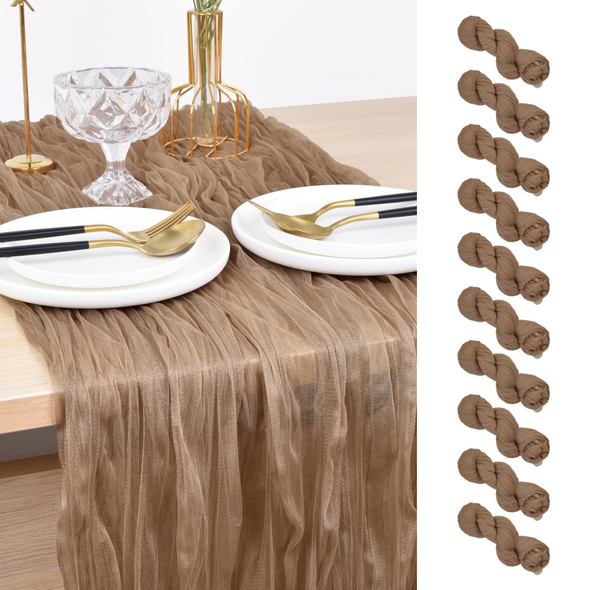 Joanlody Coffee Cheesecloth Table Runner Fall Thanksgiving 10Ft Rustic Gauze Boho Cheese Cloth Table Runner for Wedding Bridal B
