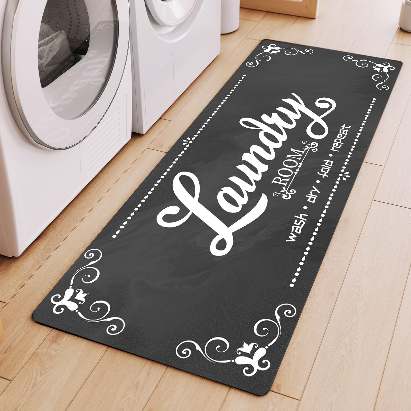 Laundry Room Rug Runner, 17.7x45 Non Slip Grey Laundry Rugs, Farmhouse Washable Floor Laundry Mats for Laundry Room, Mudroom, Ki