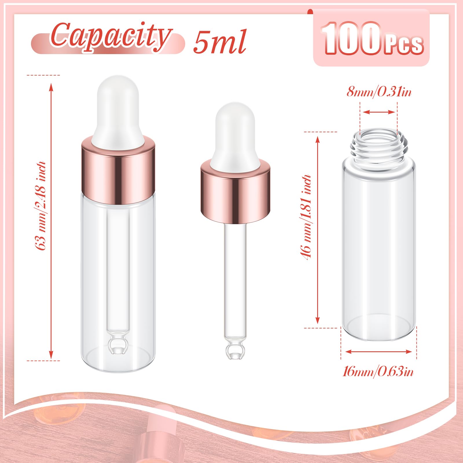 Didaey 100 Pcs Mini Glass Dropper Bottle Bulk, 5 Ml Rose Gold Clear Essential Oil Dropper Bottles Small Tincture Empty Bottles S