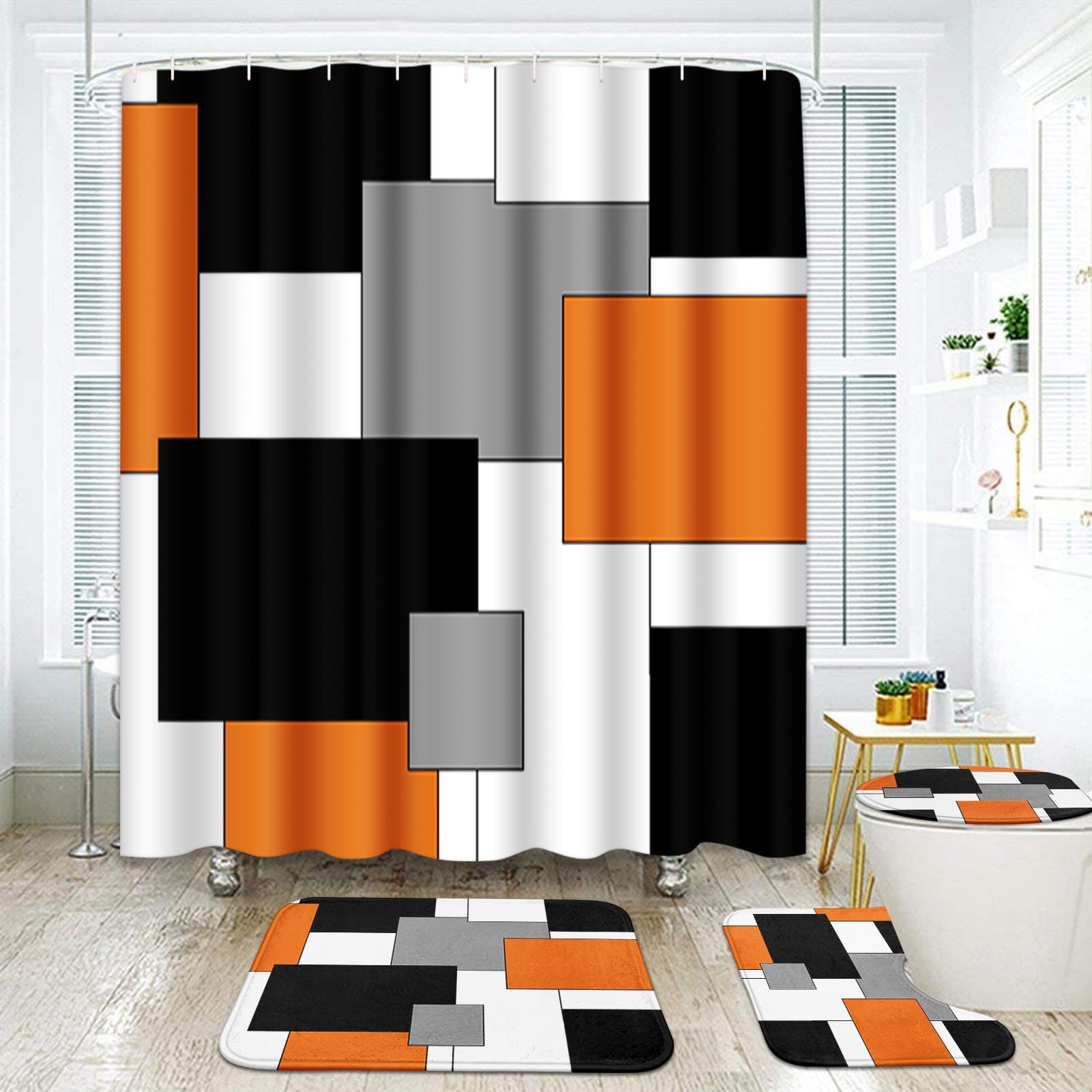Subwest Orange Black Grey Modern Bathroom Set With Shower Curtain And Rugs Accessories, Modern Abstract Shower Curtain Orange Gr