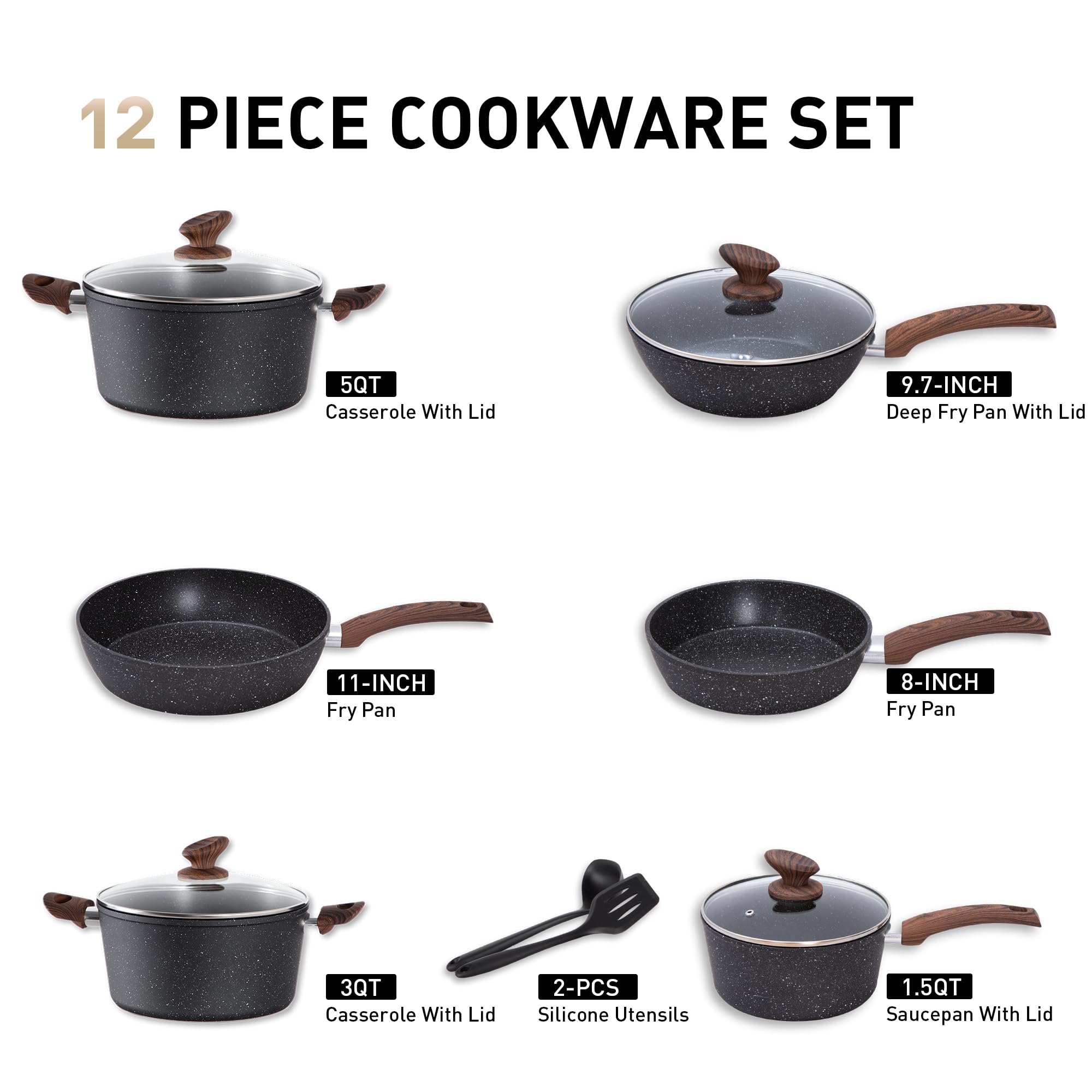 MAISON ARTS Pots and Pans Set Non Stick, 12 Piece Black Granite Kitchen Cookware Induction Compatible, Pot and Pan Sets for Cook