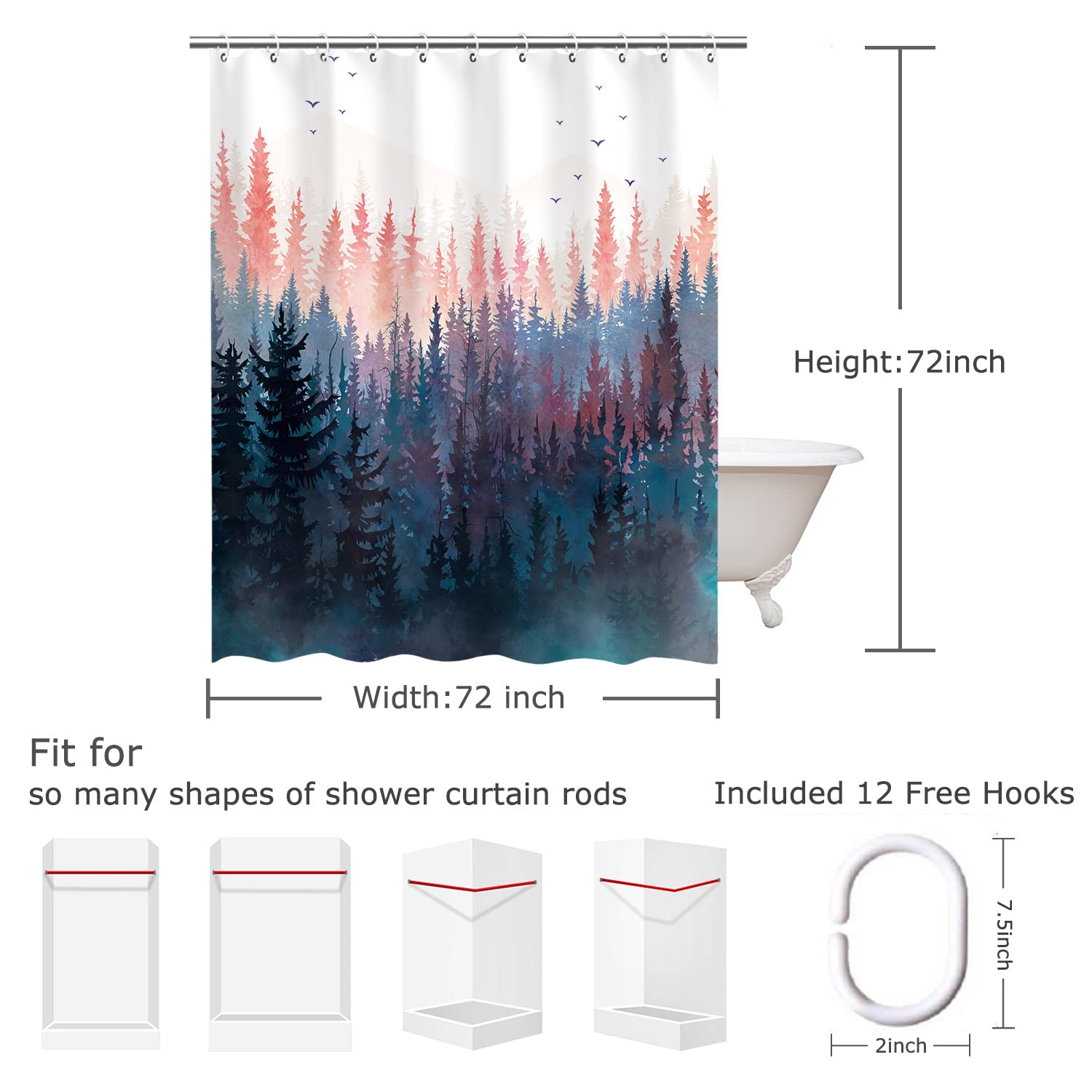 Rosielily Forest Shower Curtain, Pine Trees Shower Curtain, Mountain Nature Pink Shower Curtains Set, Rustic Foggy Art Bathroom