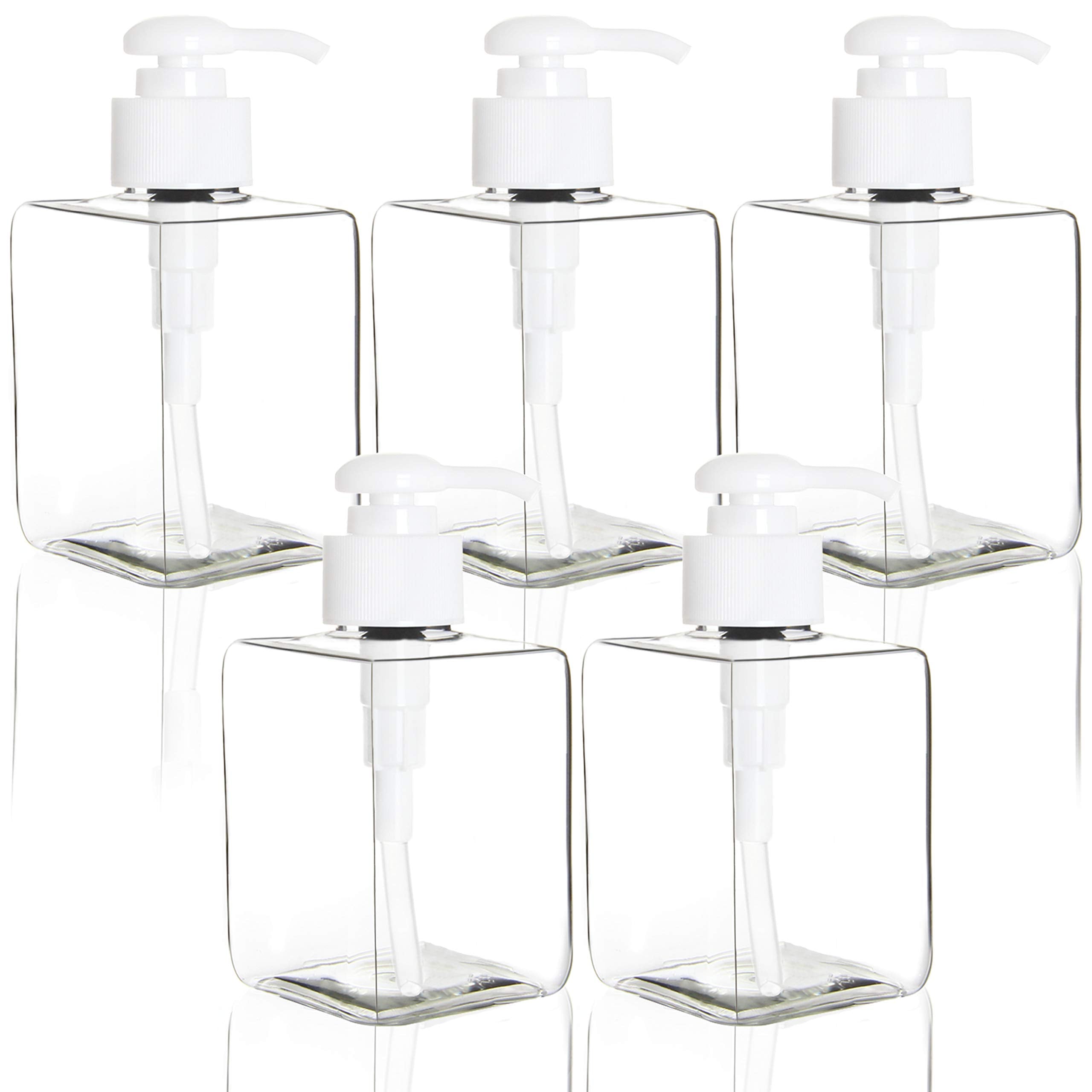 Youngever 5 Pack Clear Plastic Square Pump Bottles, Refillable Plastic Pump Bottles For Dispensing Lotions, Shampoos (12 Ounce)