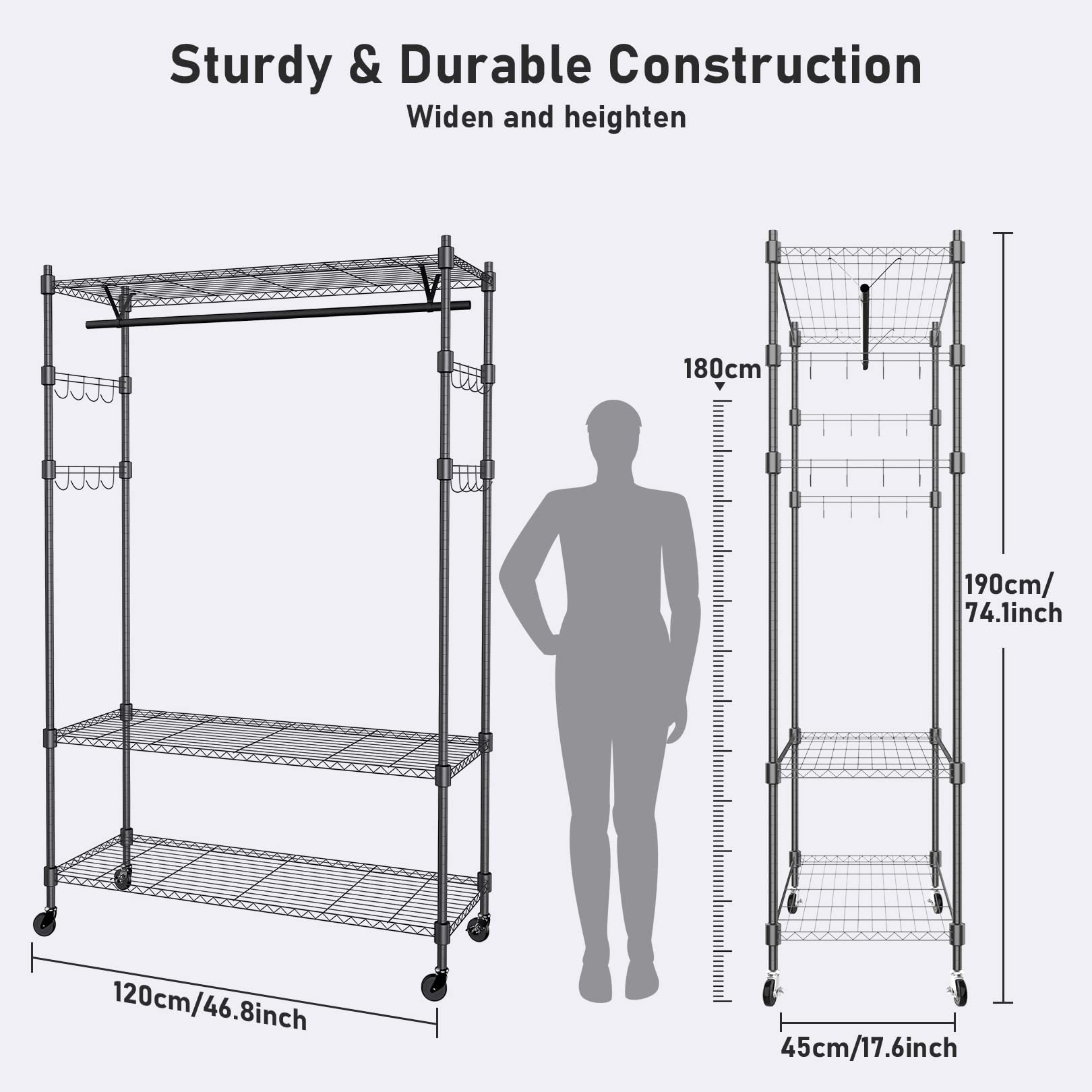 Heavy Duty Clothes Rack  Adjustable Rolling Garment Rack with Shelves  Freestanding Wardrobe Rack 1 Clothes Hanging Bar  3 tired Wire Shelving  4 Hanger Hooks - Hold Up to 400Lbs (Black  1Rod 4Hook)