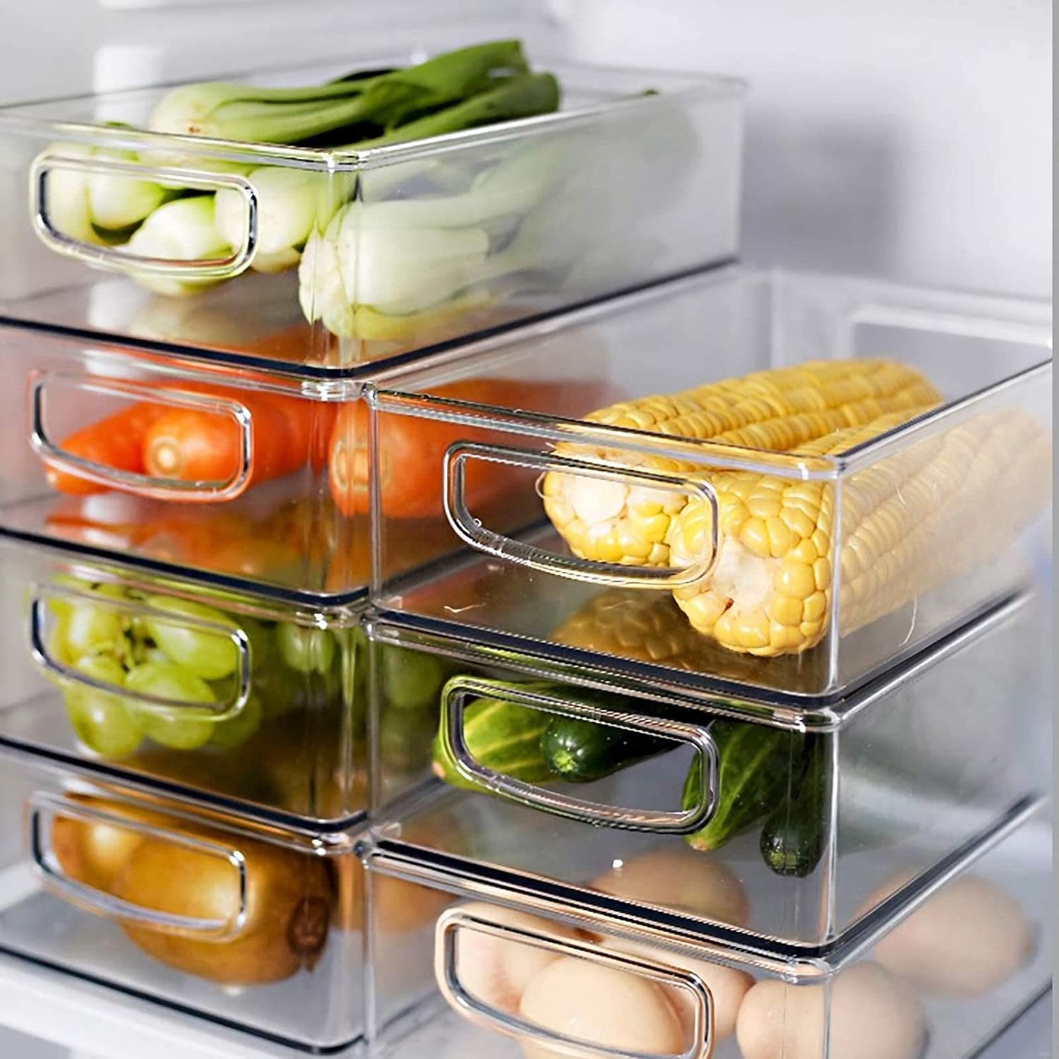Snazzy Clear Plastic Fridge Storage Organizer Bins Pantry Kitchen Countertop Cupboard Boxes Set OF 6